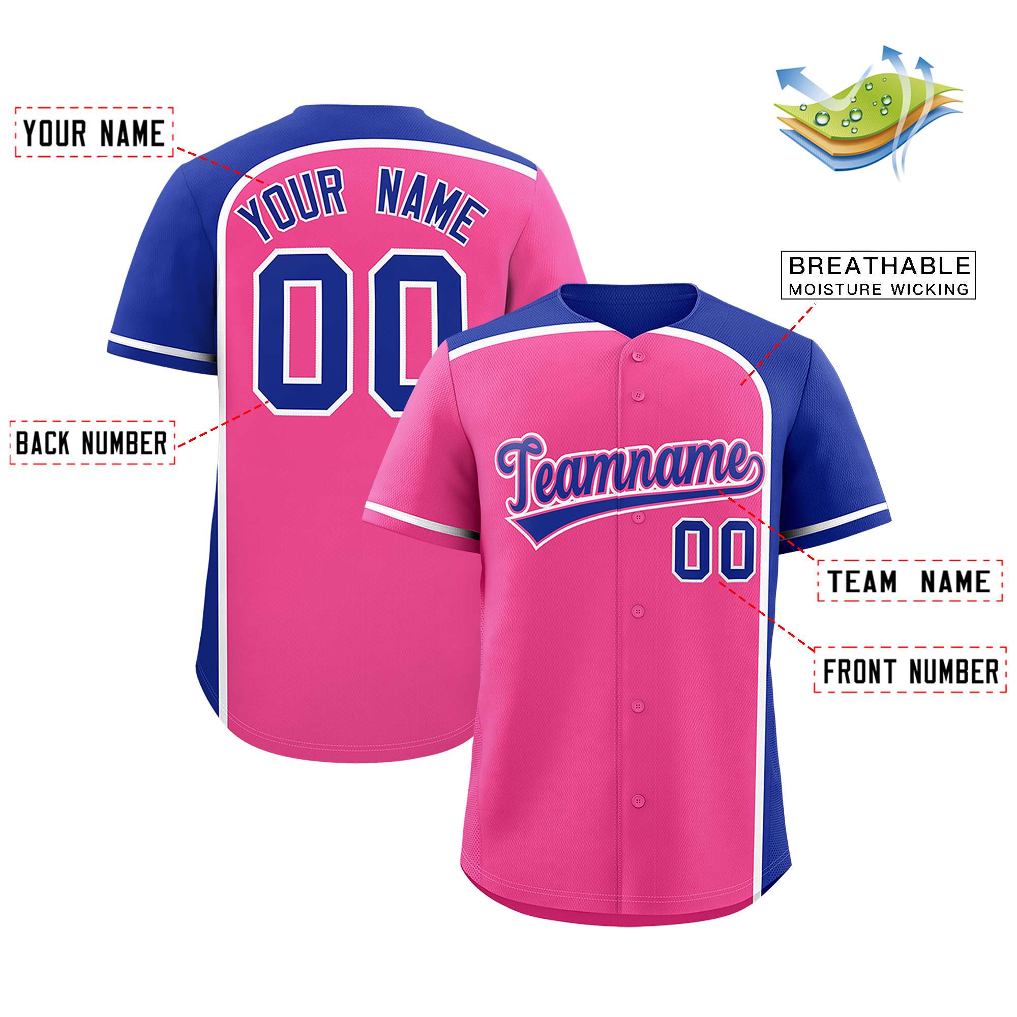 Custom Pink Royal Personalized Color Block Authentic Baseball jersey