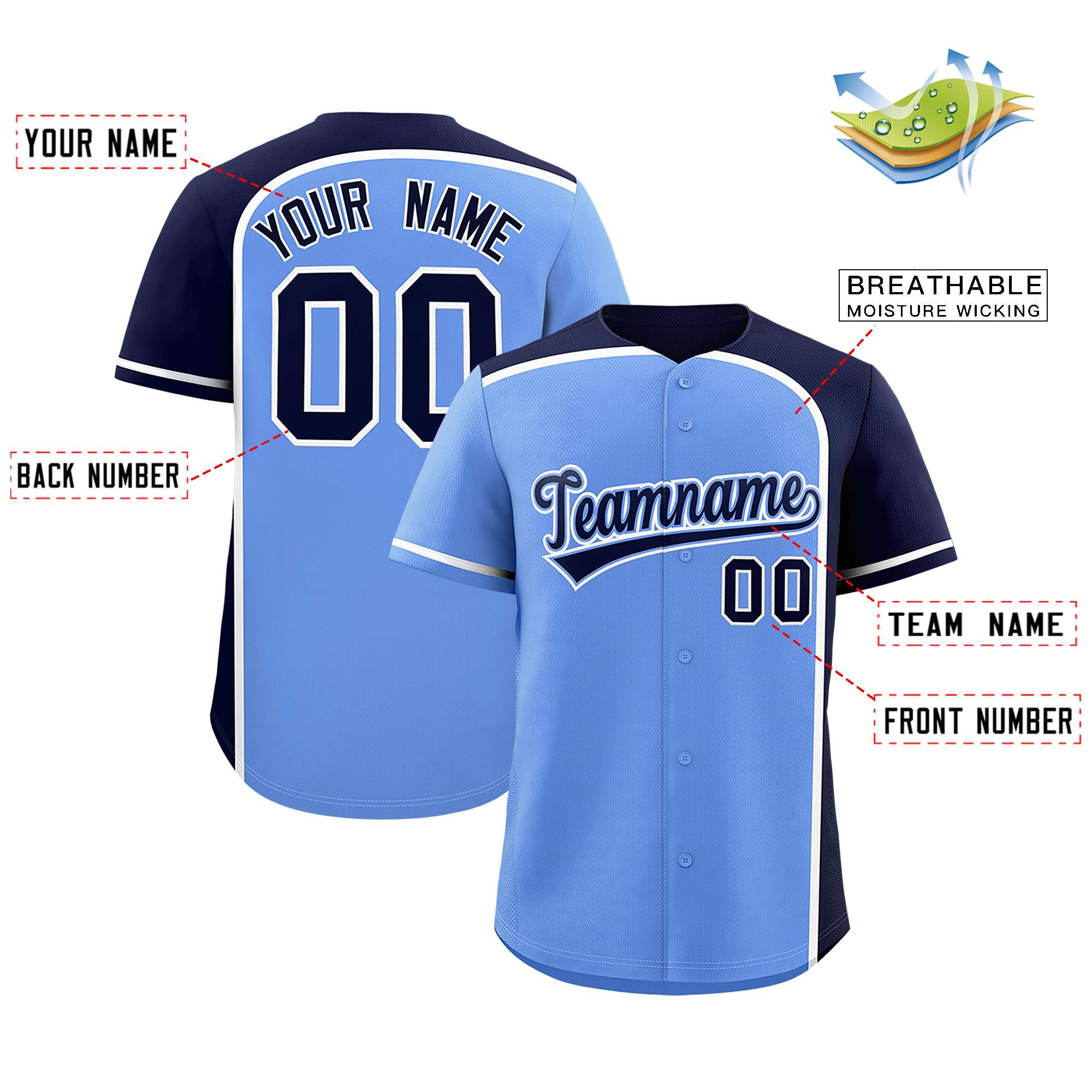 Custom Light Blue Navy Personalized Color Block Authentic Baseball jersey