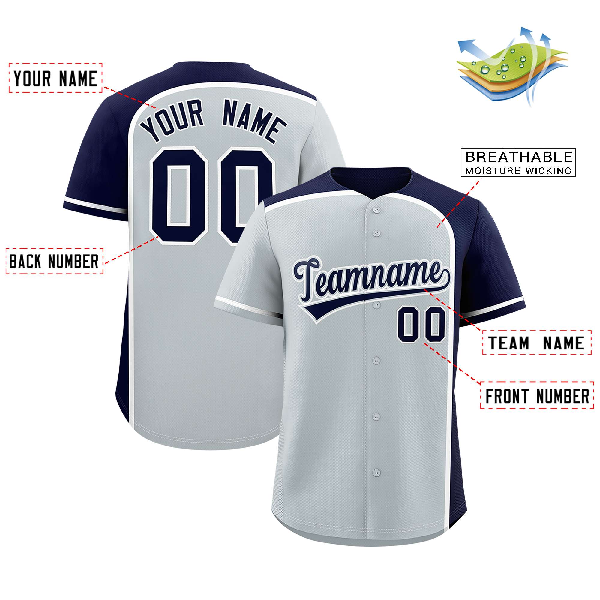 Custom Silver Navy Personalized Color Block Authentic Baseball jersey