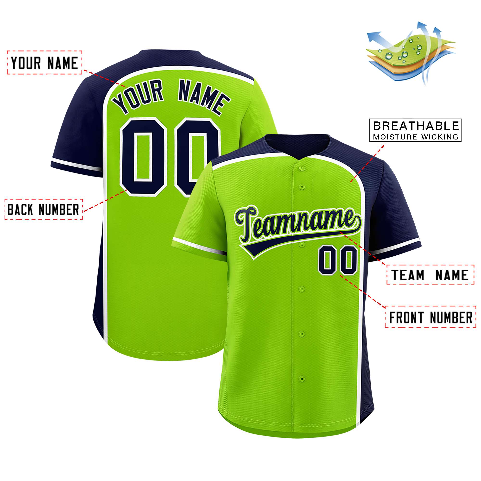 Custom Neon Green Navy Personalized Color Block Authentic Baseball jersey