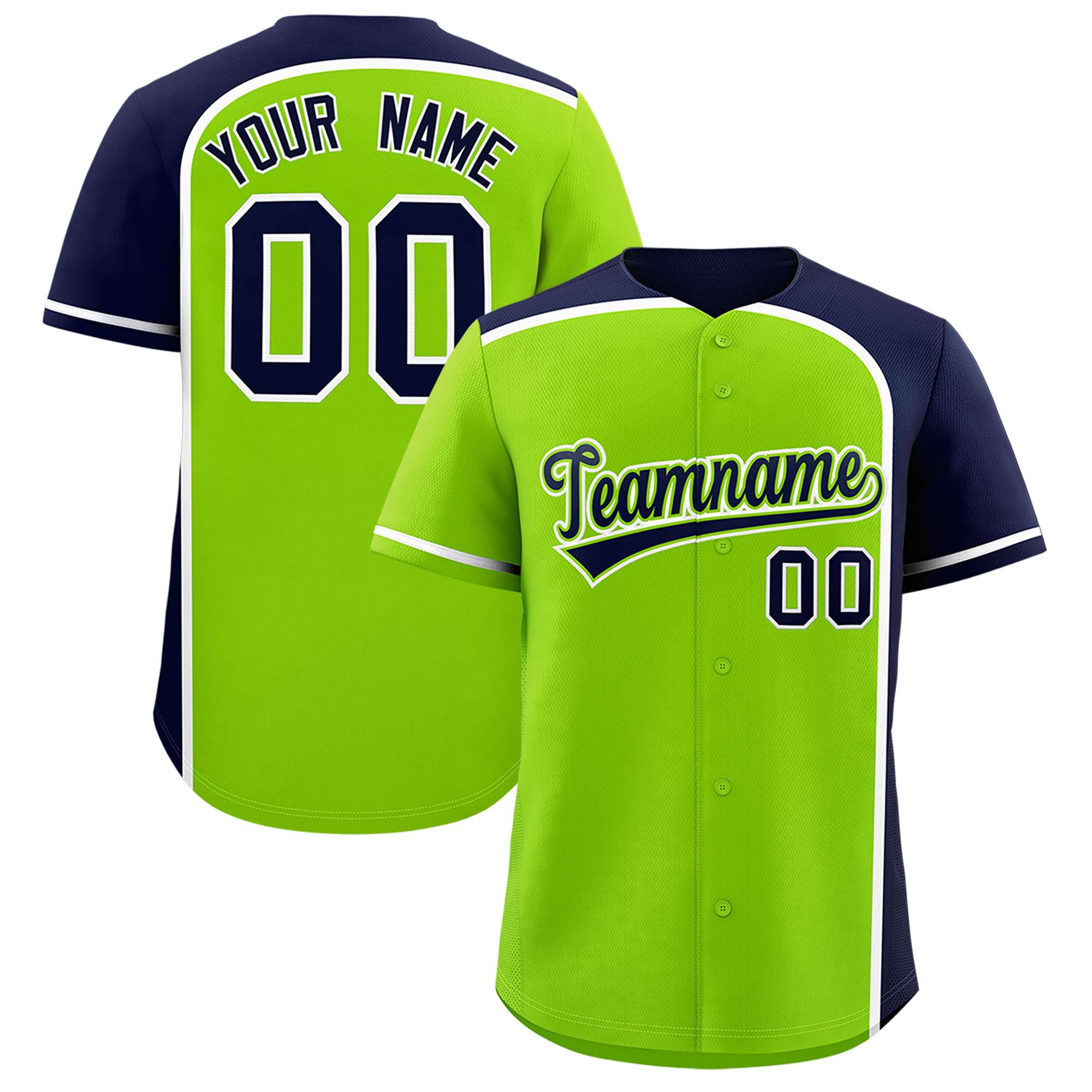 Custom Neon Green Navy Personalized Color Block Authentic Baseball jersey