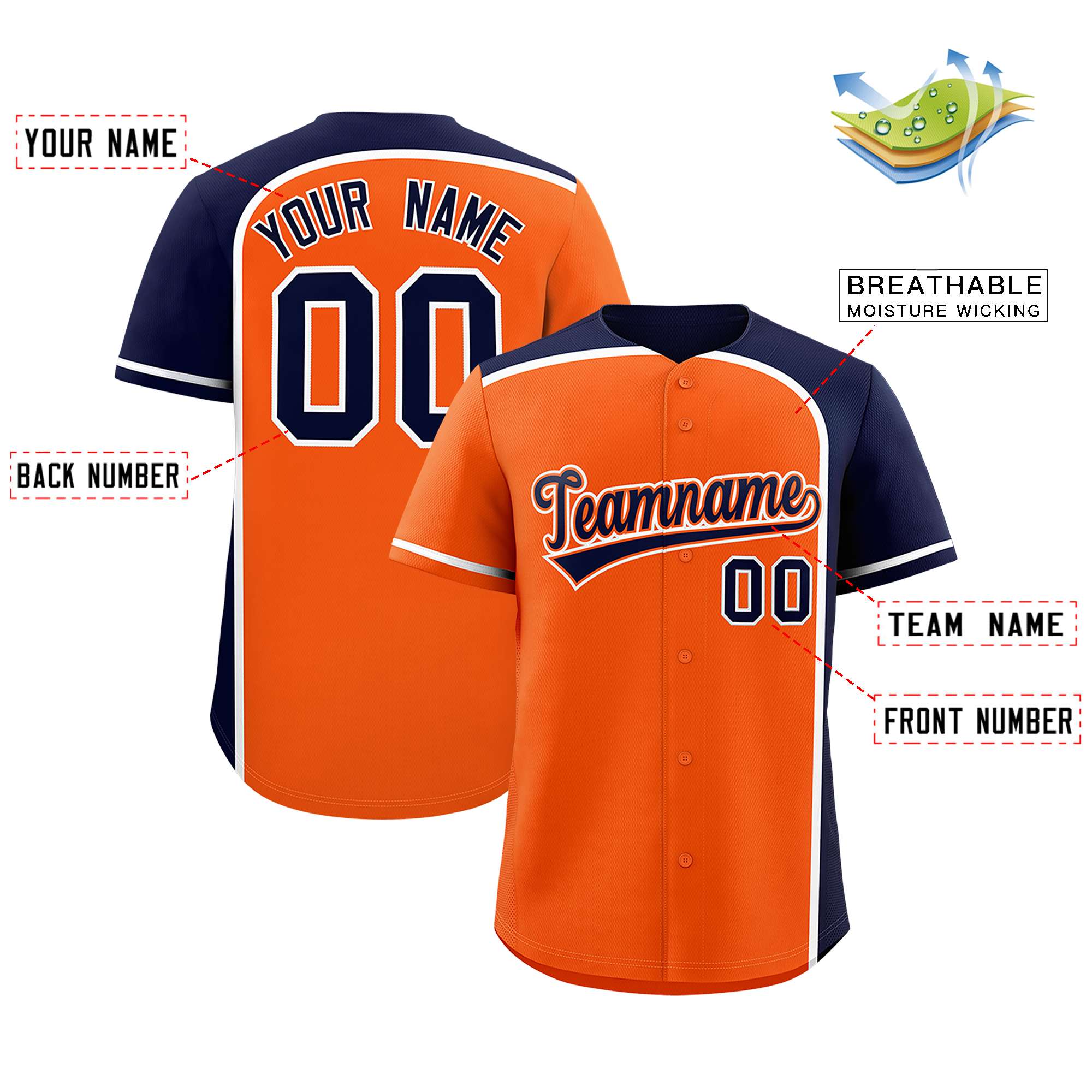 Custom Orange Navy Personalized Color Block Authentic Baseball jersey