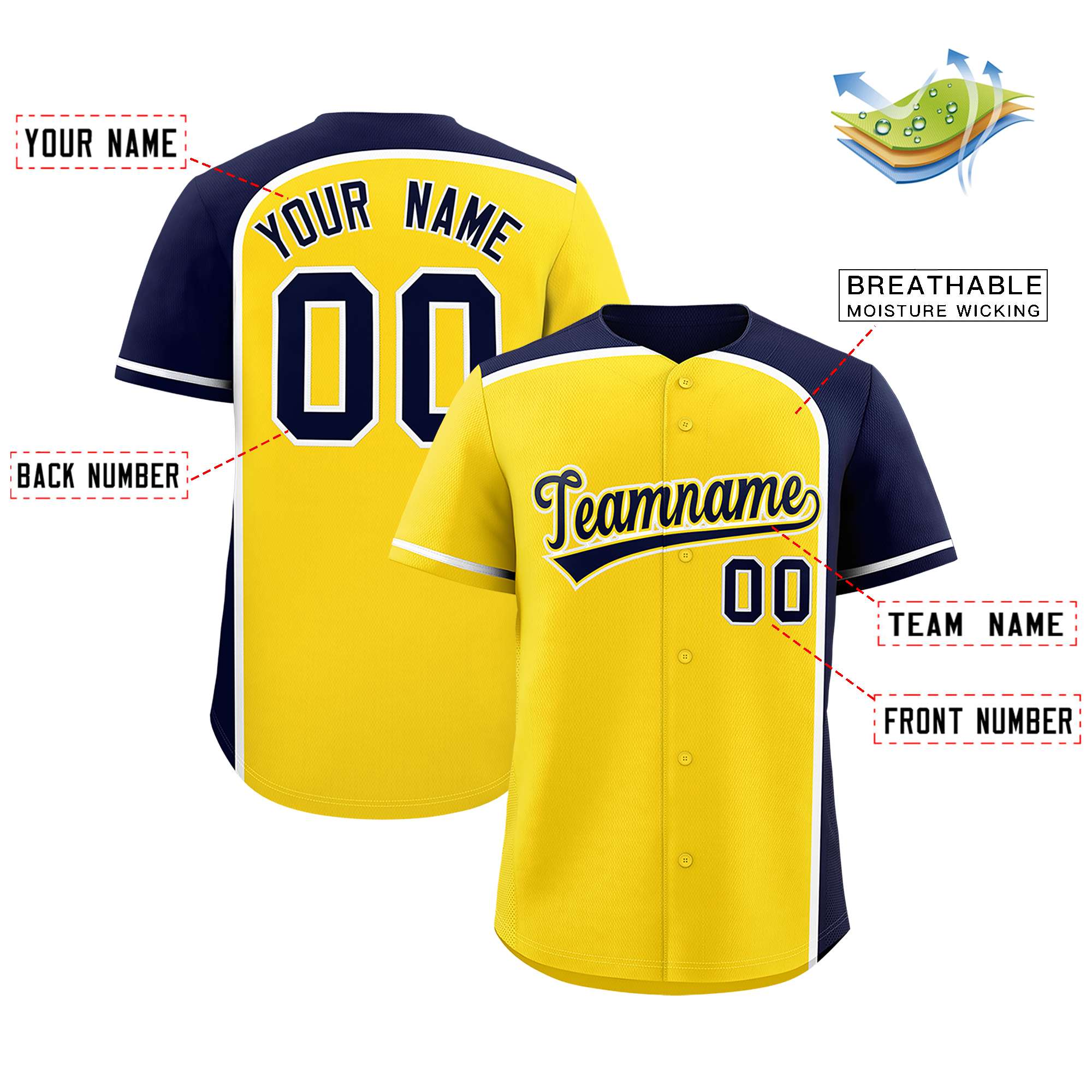 Custom Gold Navy Personalized Color Block Authentic Baseball jersey