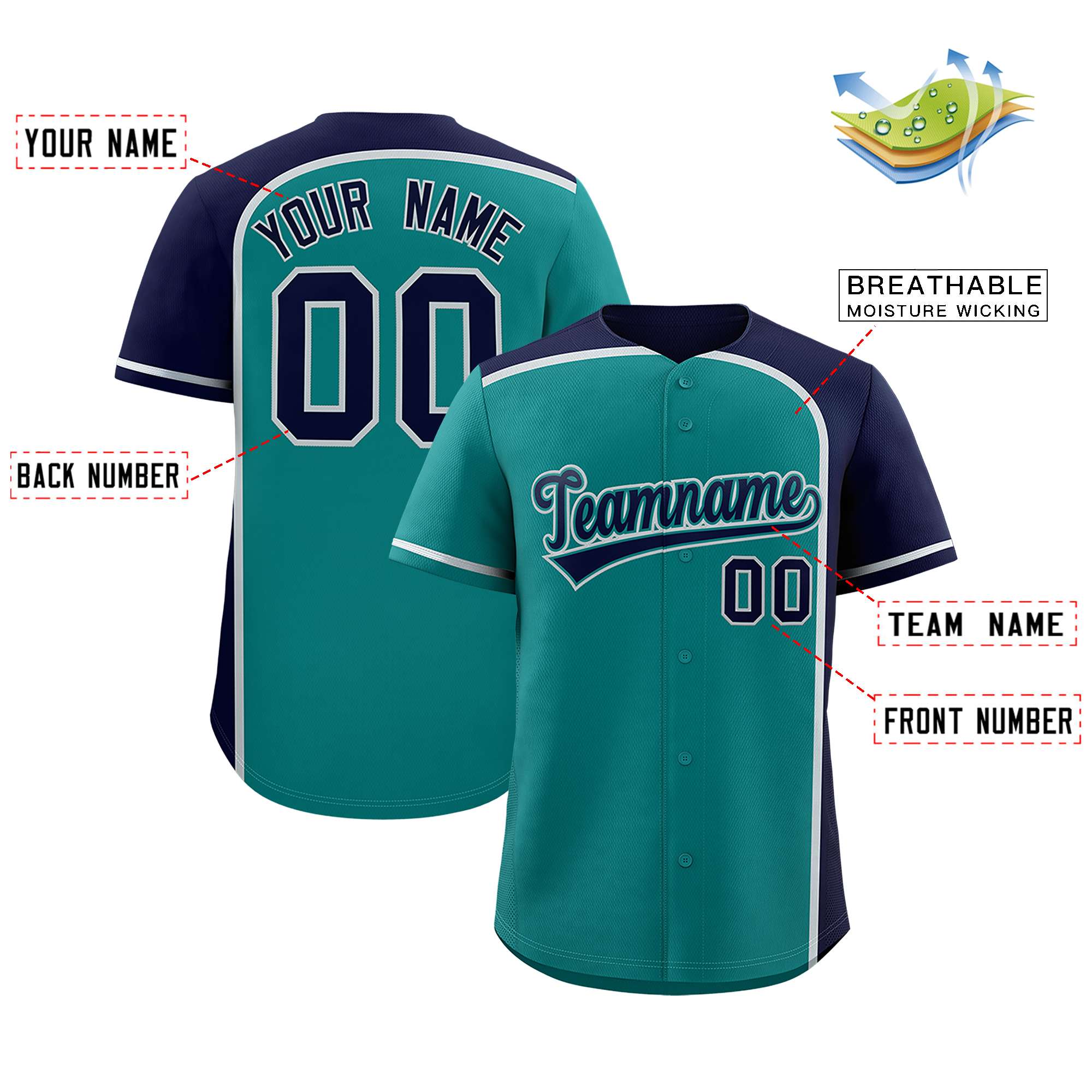 Custom Aqua Navy Personalized Color Block Authentic Baseball jersey