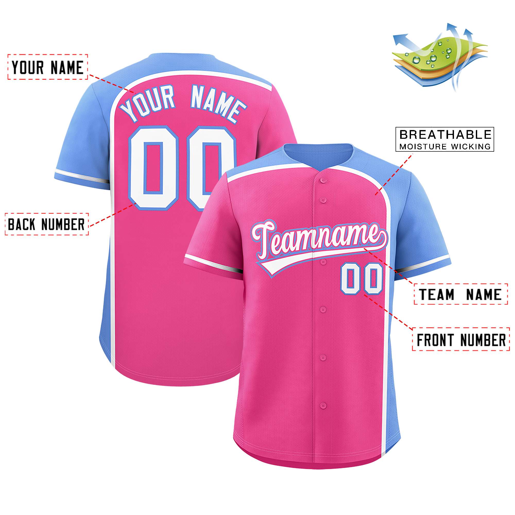 Custom Pink Light Blue Personalized Color Block Authentic Baseball jersey