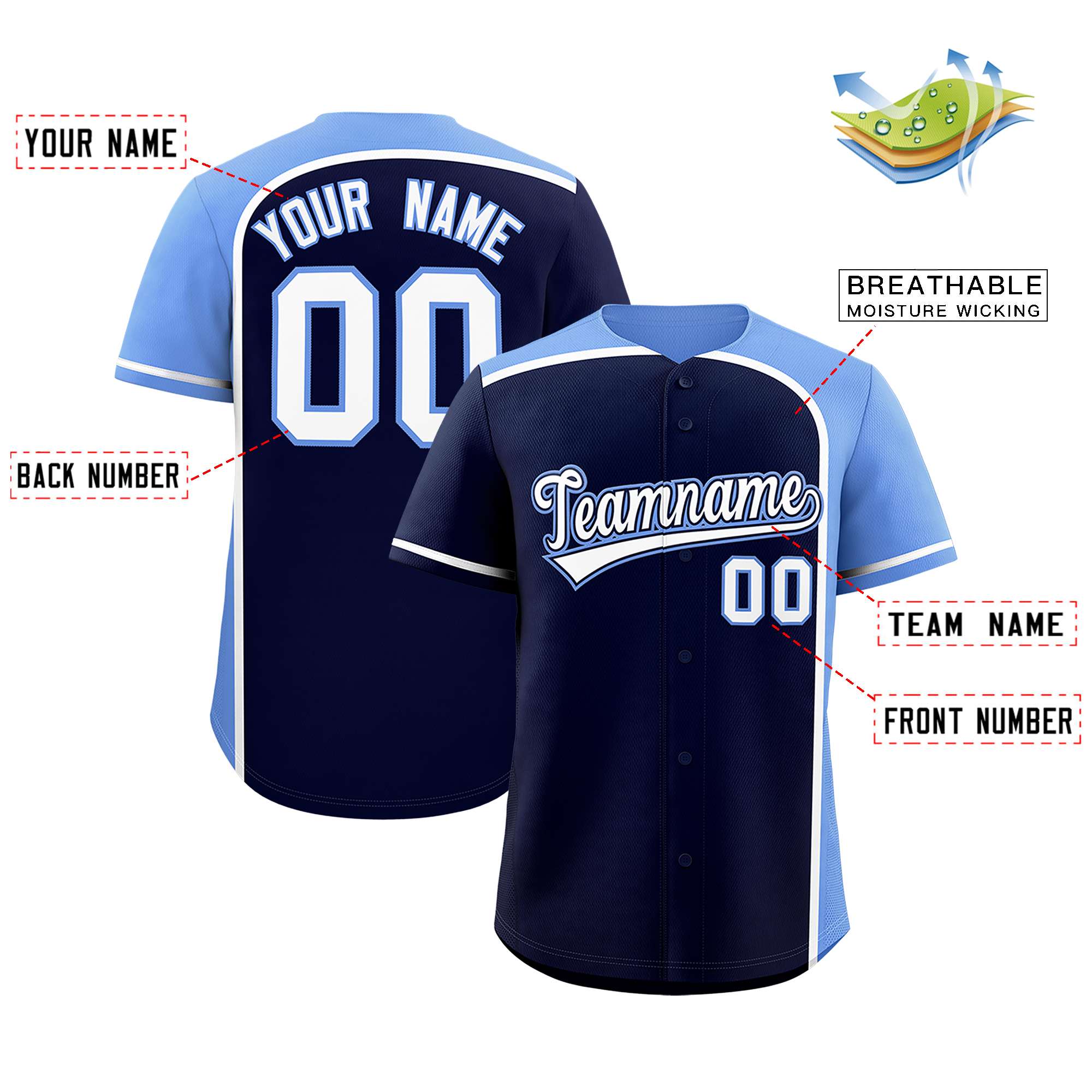 Custom Navy Light Blue Personalized Color Block Authentic Baseball jersey