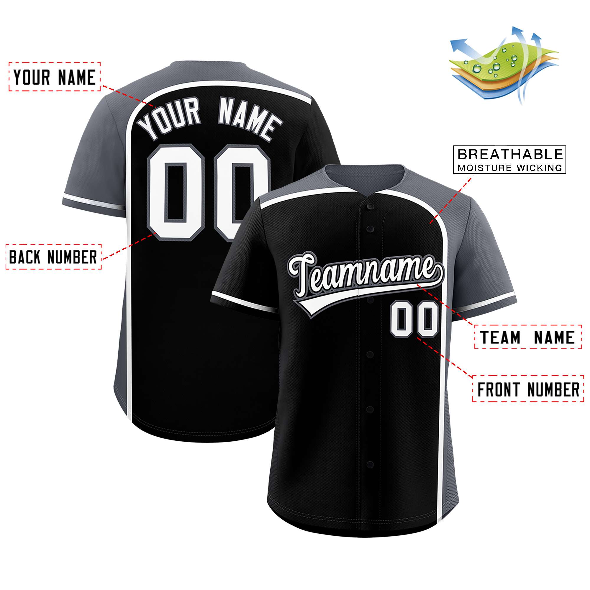 Custom Black Gray Personalized Color Block Authentic Baseball jersey