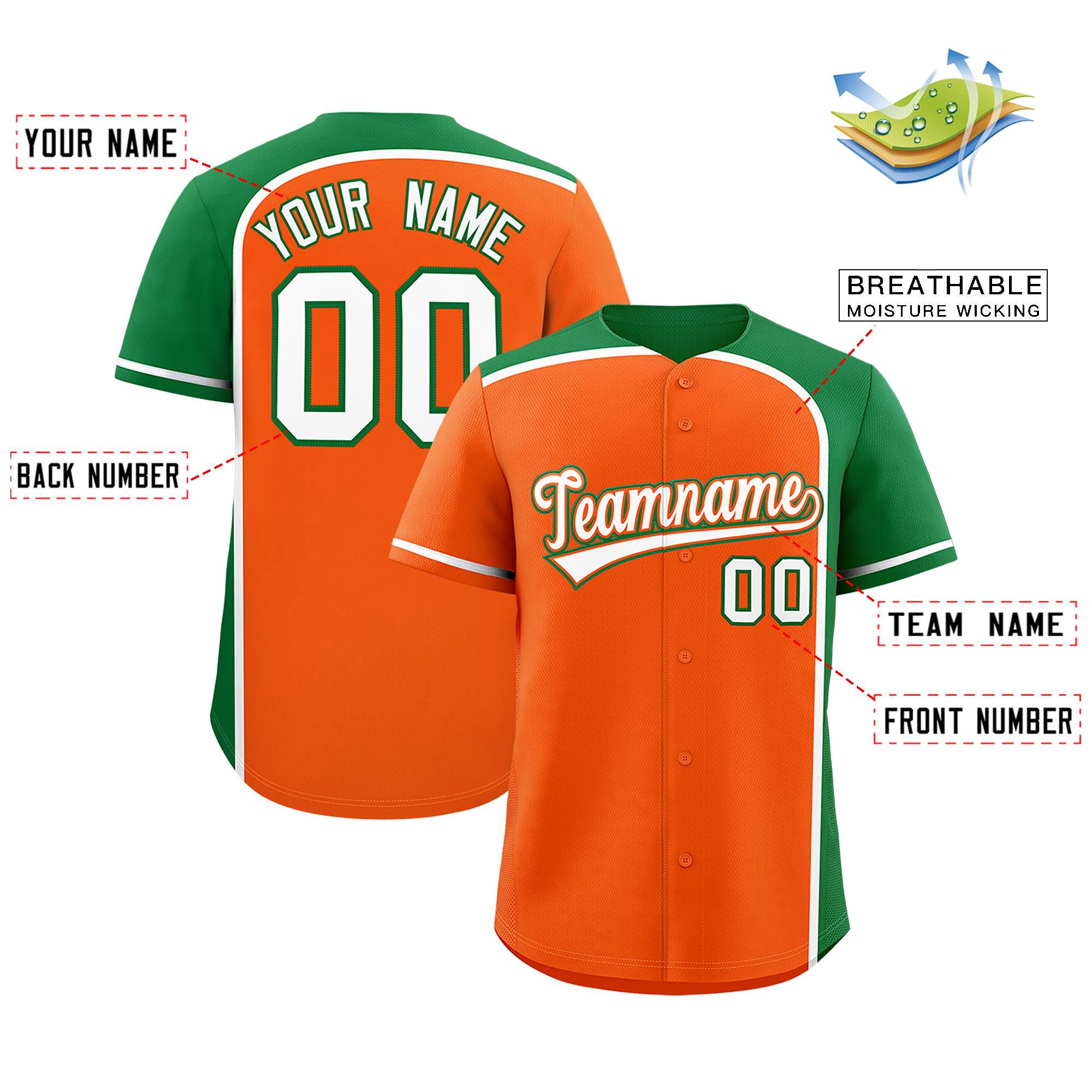 Custom Orange Kelly Green Personalized Color Block Authentic Baseball jersey