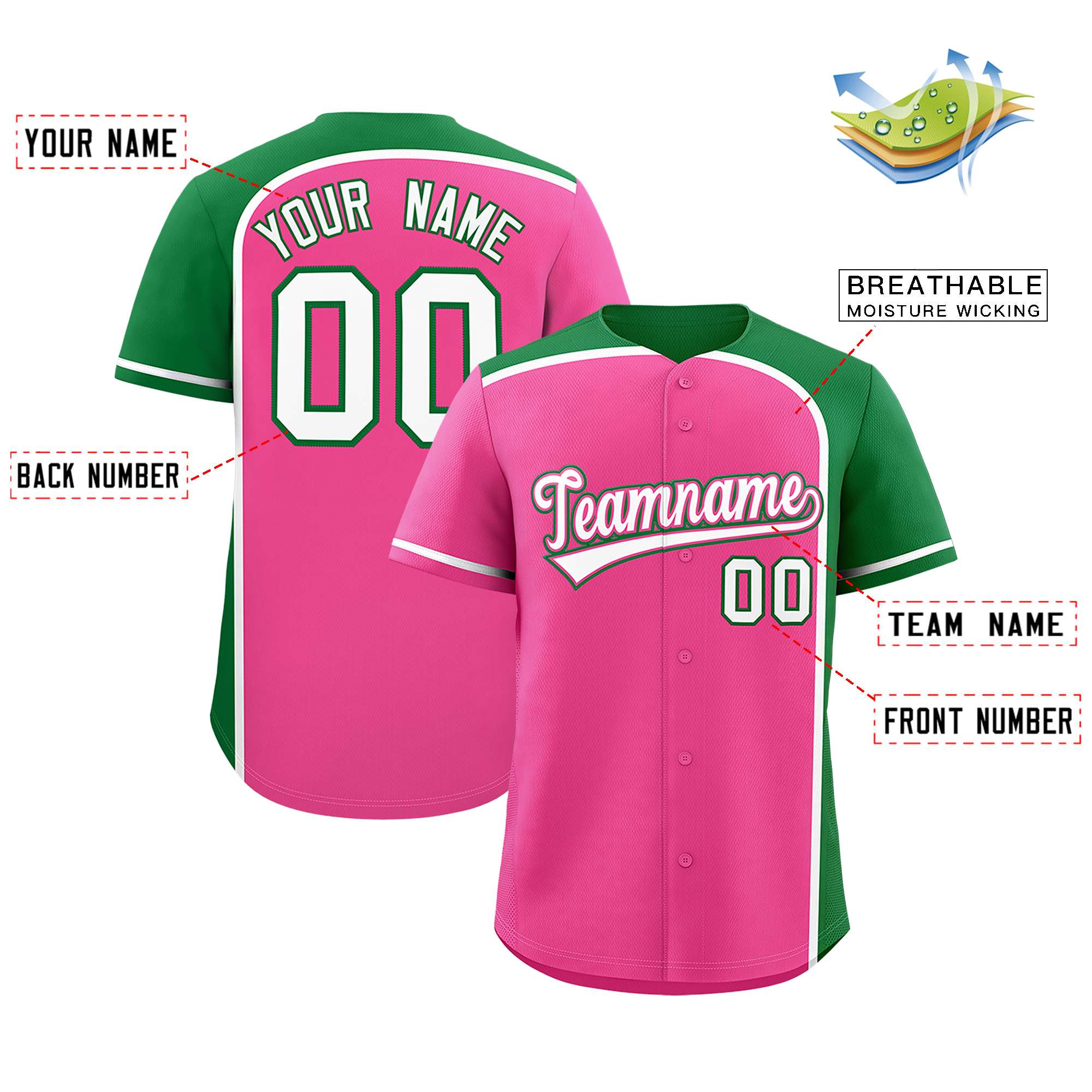 Custom Pink Kelly Green Personalized Color Block Authentic Baseball jersey