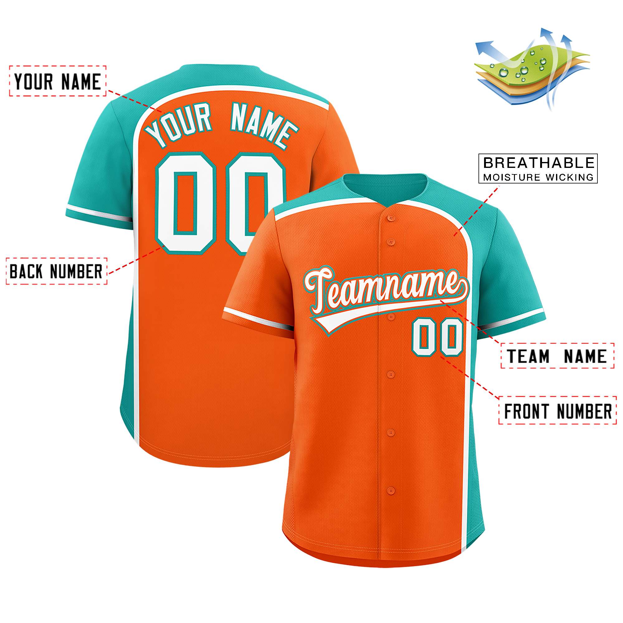 Custom Orange Aqua Personalized Color Block Authentic Baseball jersey