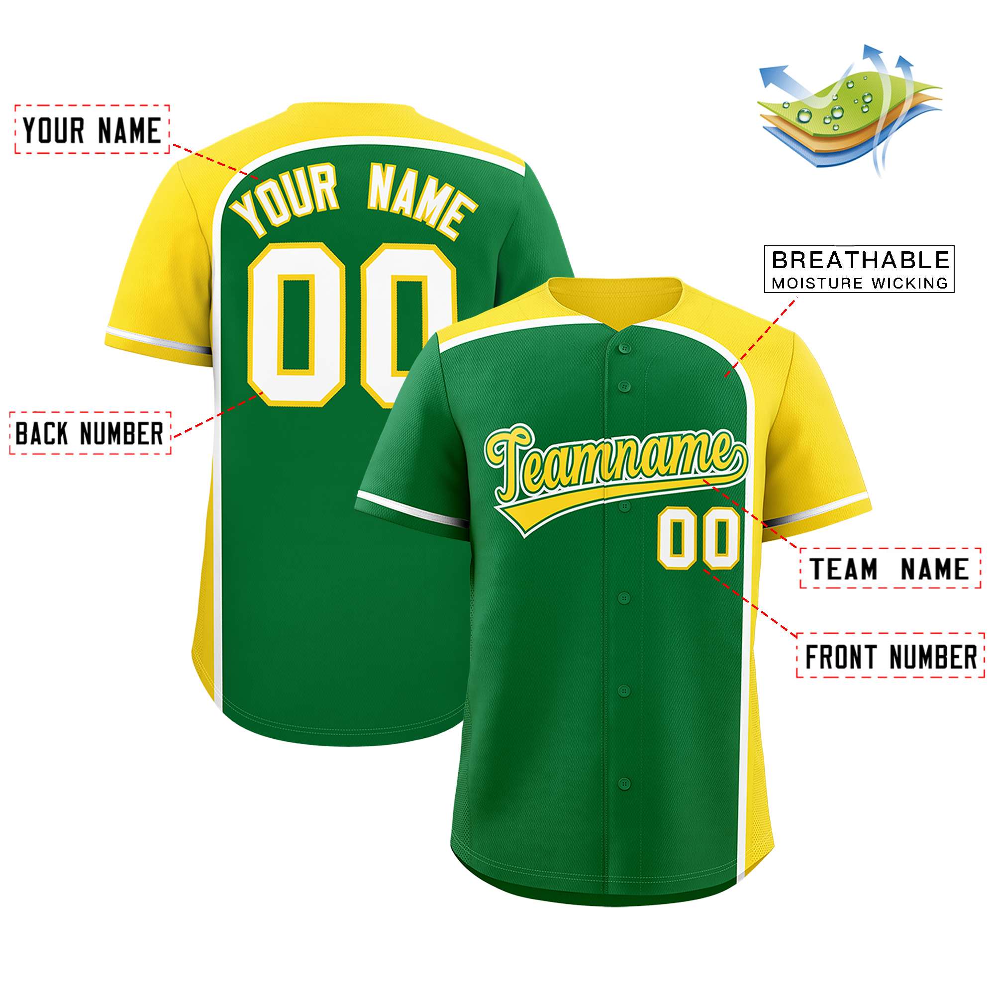 Custom Kelly Green Gold Personalized Color Block Authentic Baseball jersey