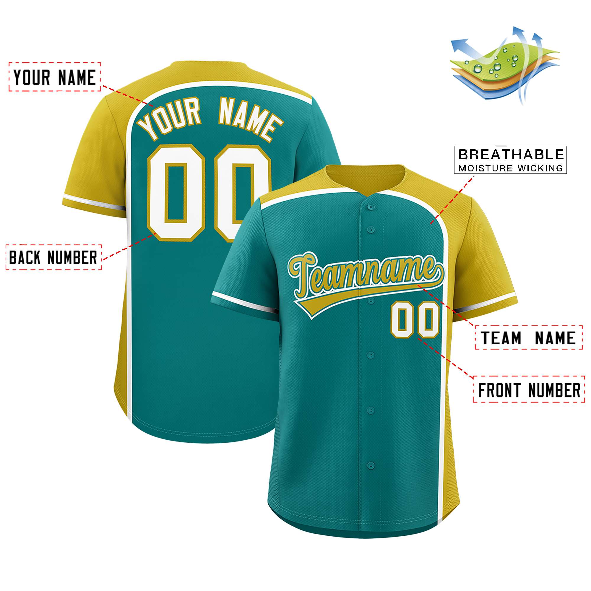 Custom Aqua Old Gold Personalized Color Block Authentic Baseball jersey