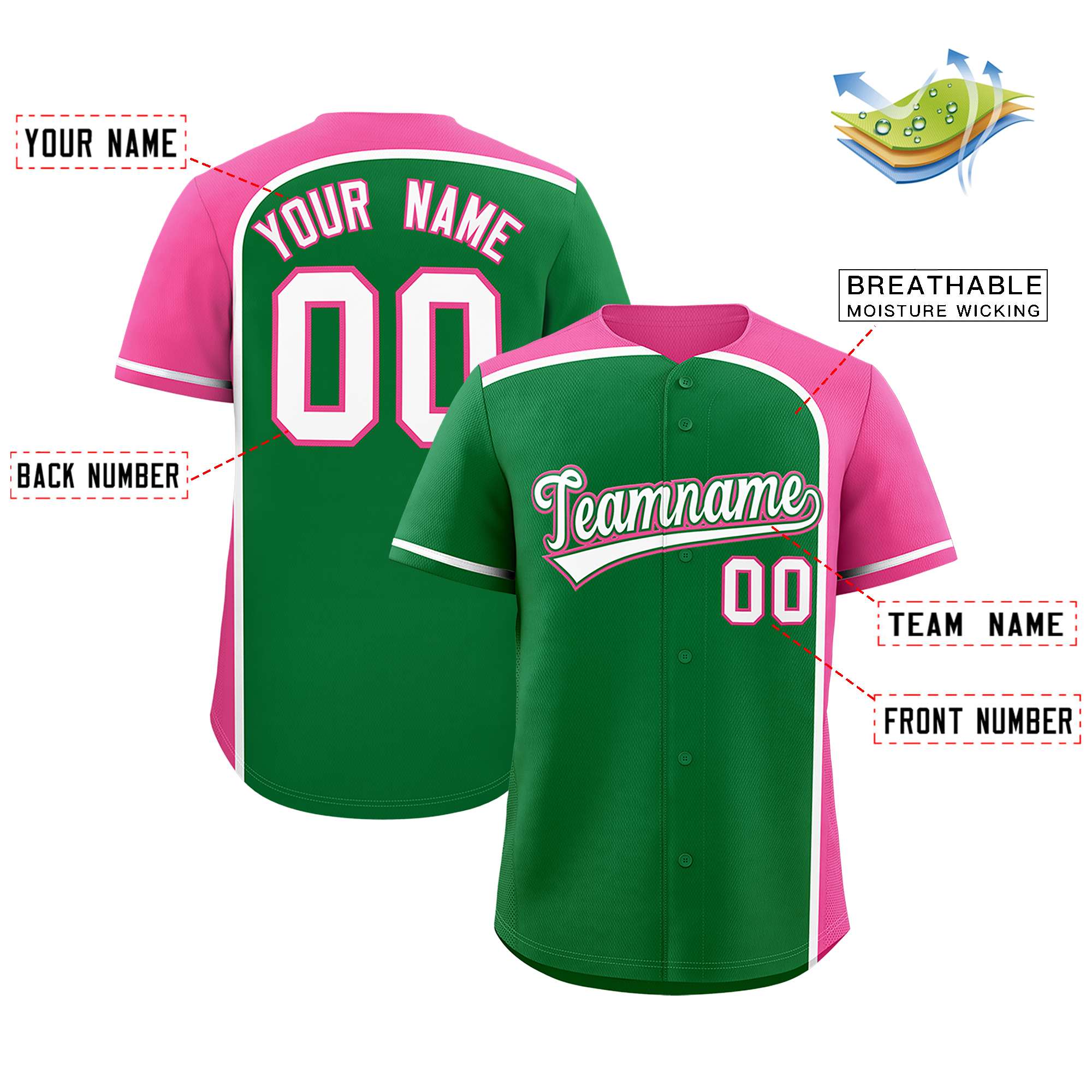 Custom Kelly Green Pink Personalized Color Block Authentic Baseball jersey