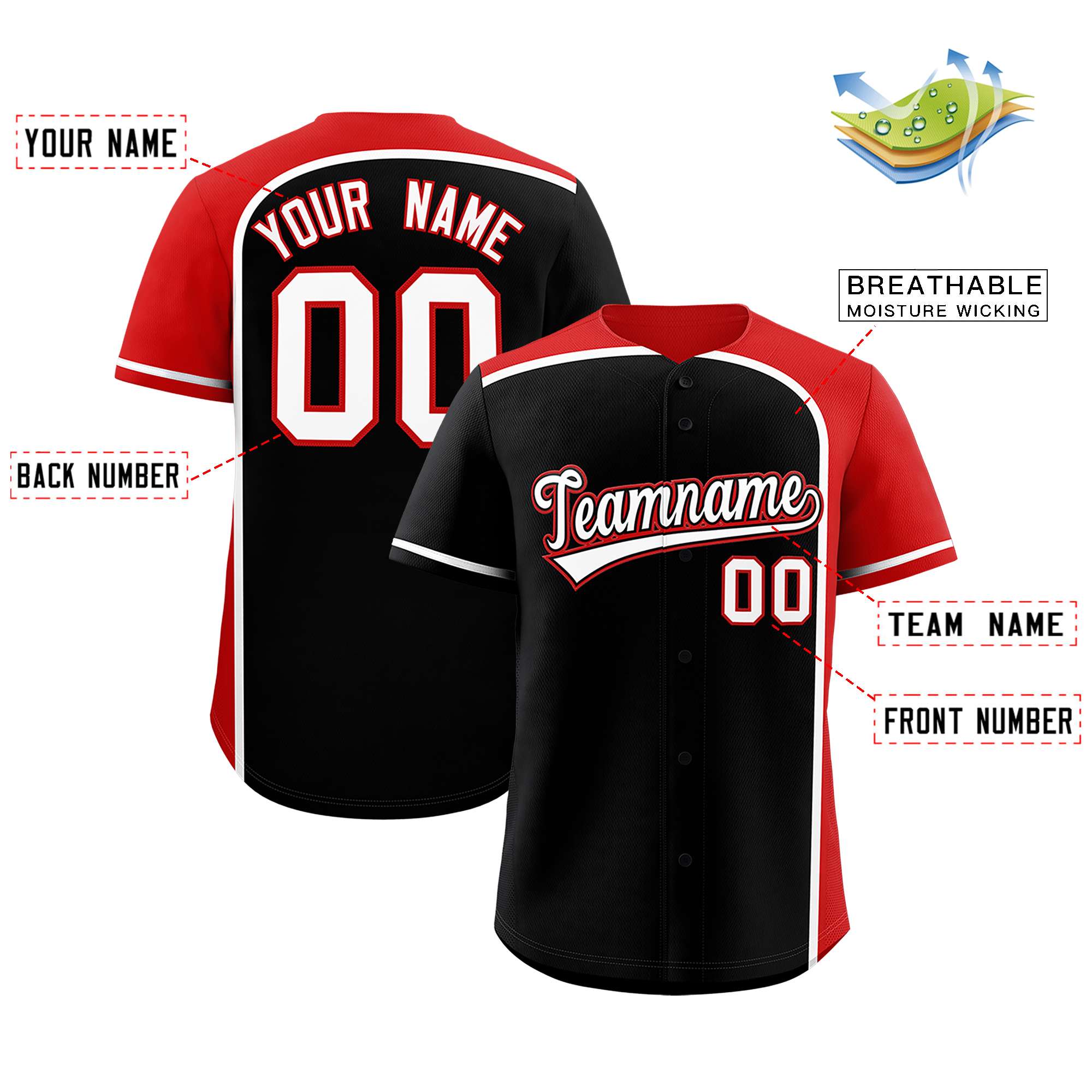 Custom Black Red Personalized Color Block Authentic Baseball jersey