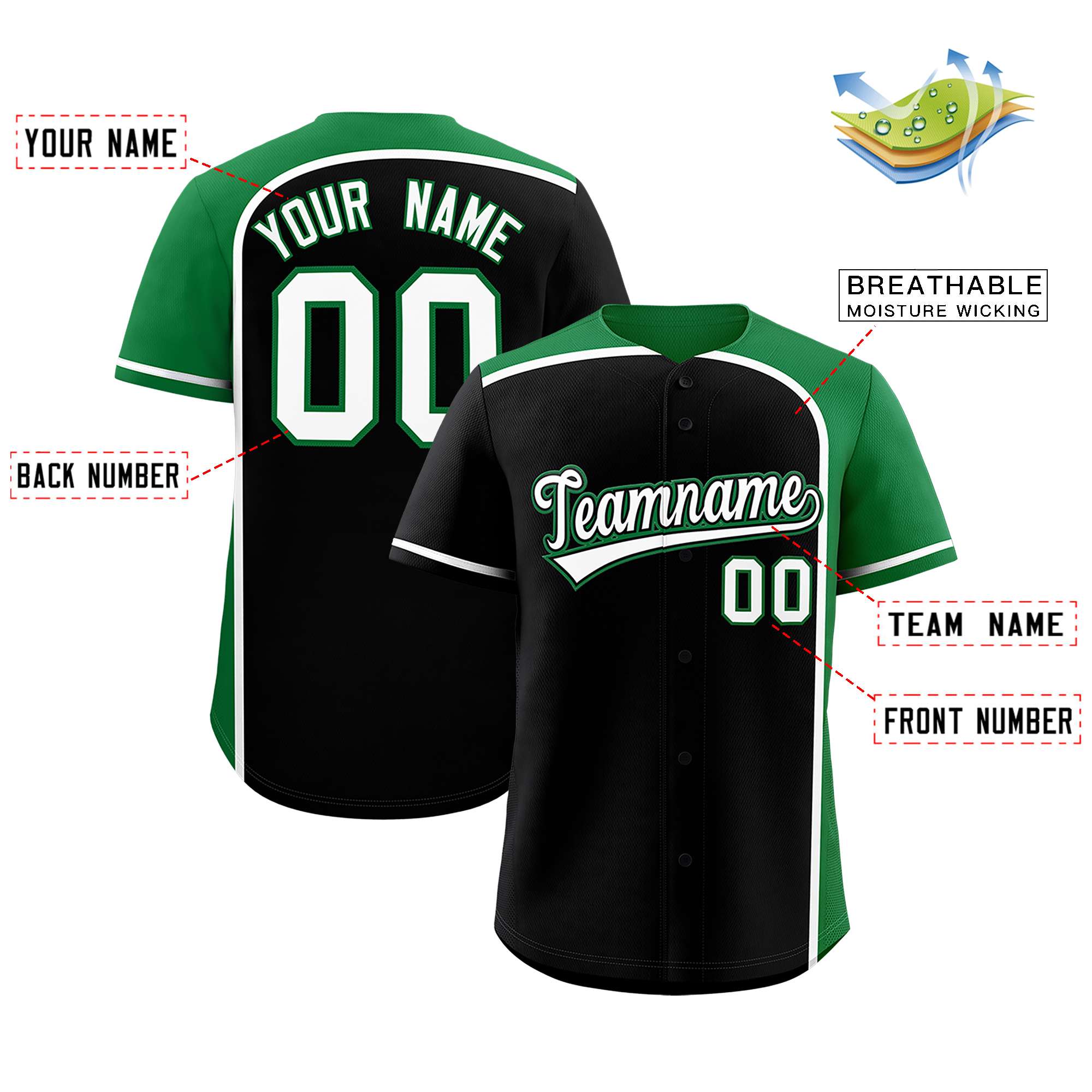 Custom Black Kelly Green Personalized Color Block Authentic Baseball jersey