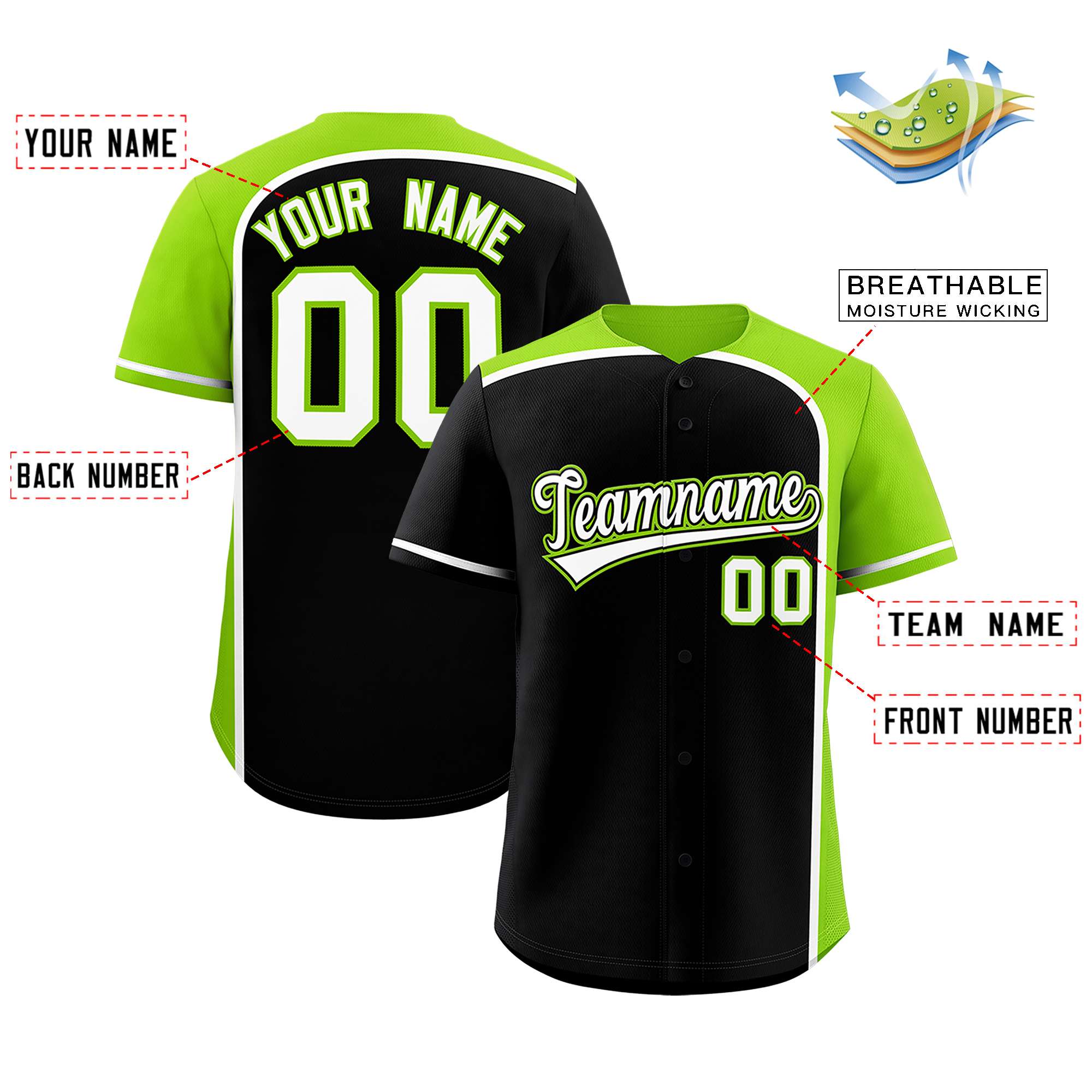 Custom Black Neon Green Personalized Color Block Authentic Baseball jersey