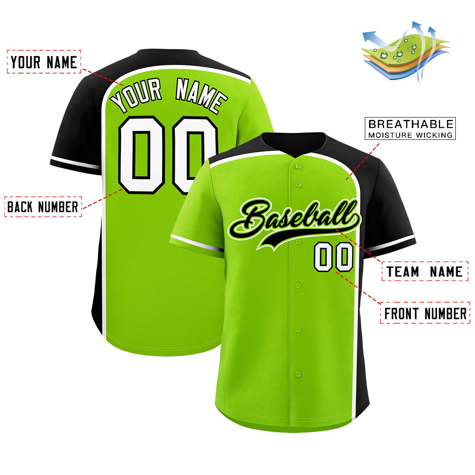 Custom Neon Green Black Personalized Color Block Authentic Baseball jersey