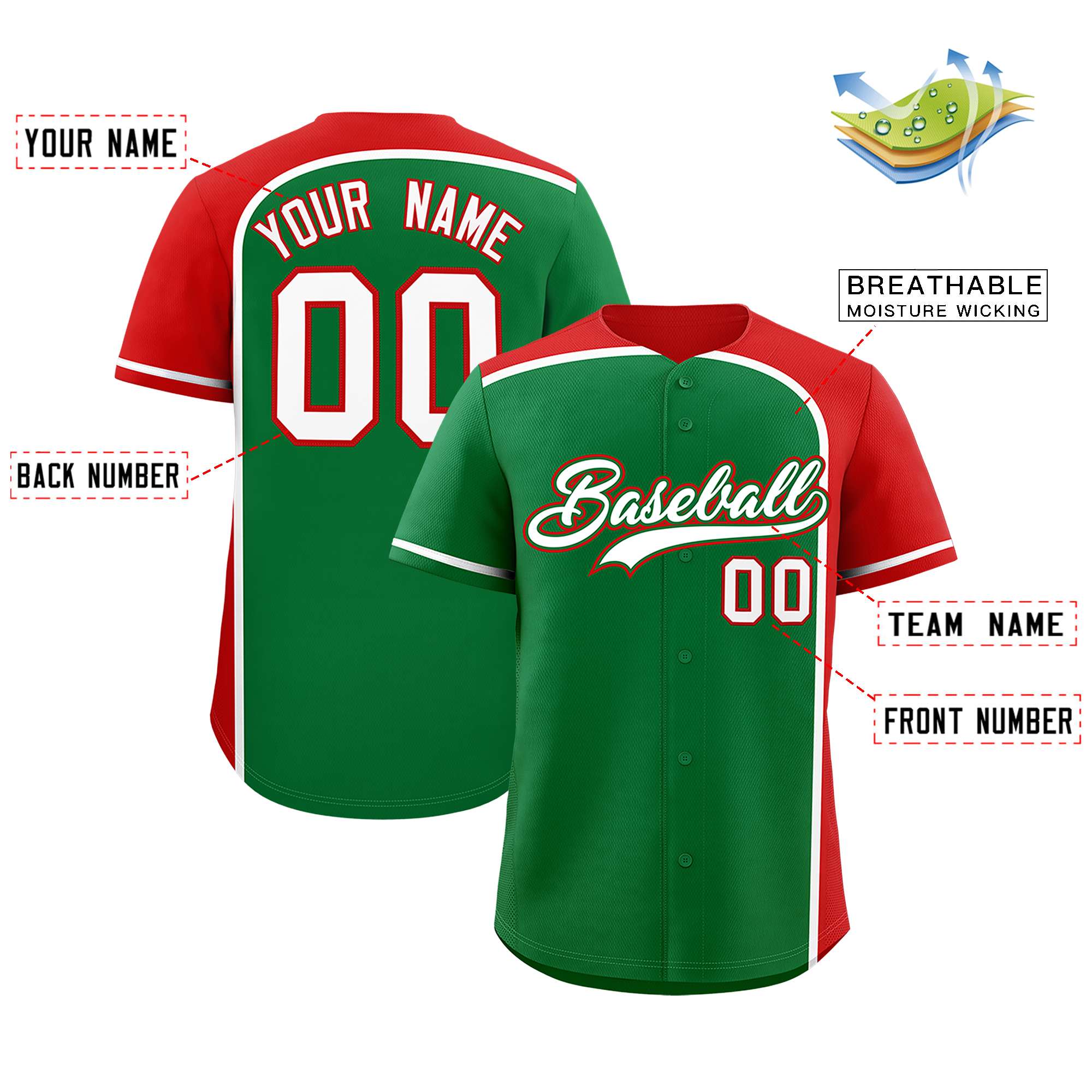 Custom Kelly Green Red Personalized Color Block Authentic Baseball jersey