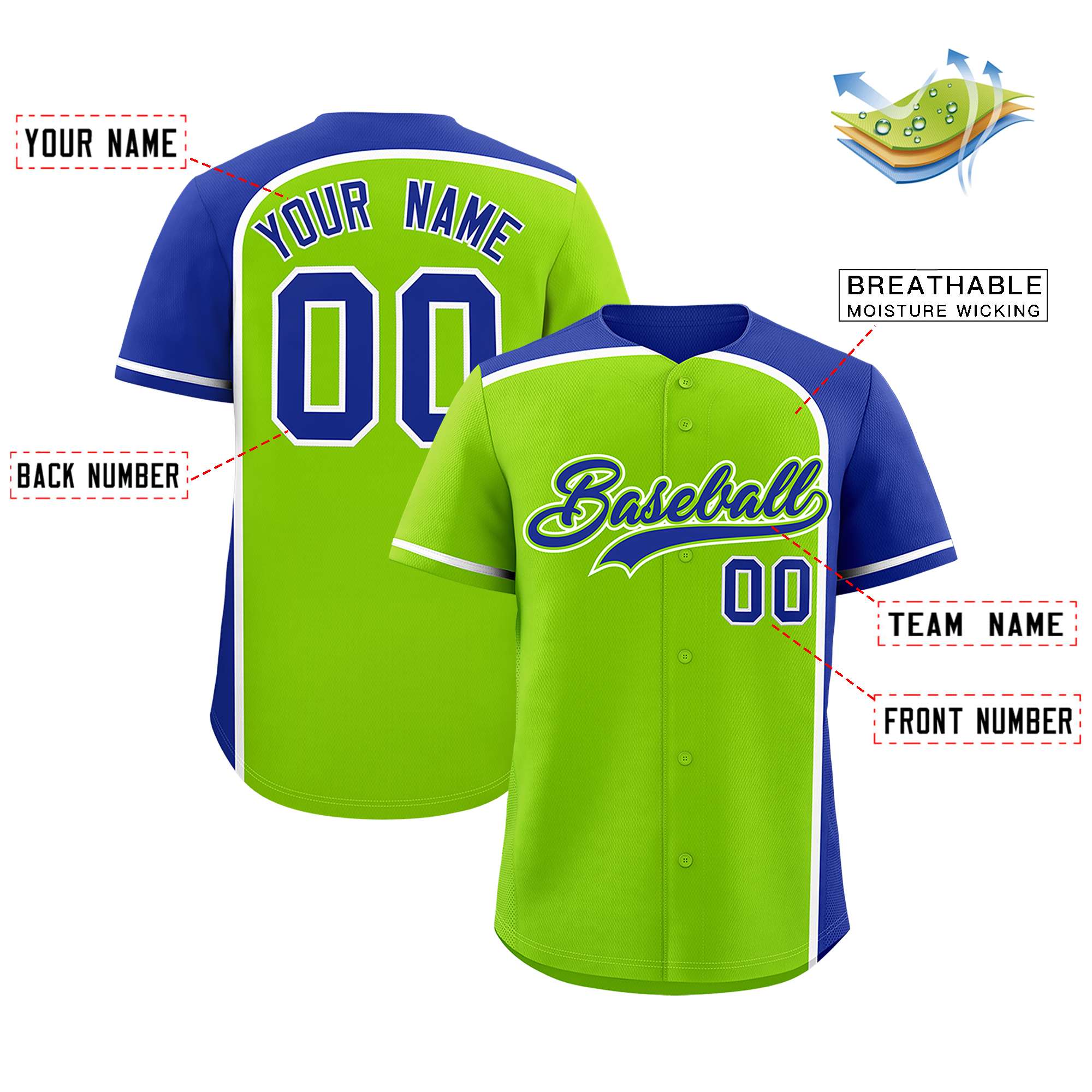 Custom Neon Green Royal Personalized Color Block Authentic Baseball jersey