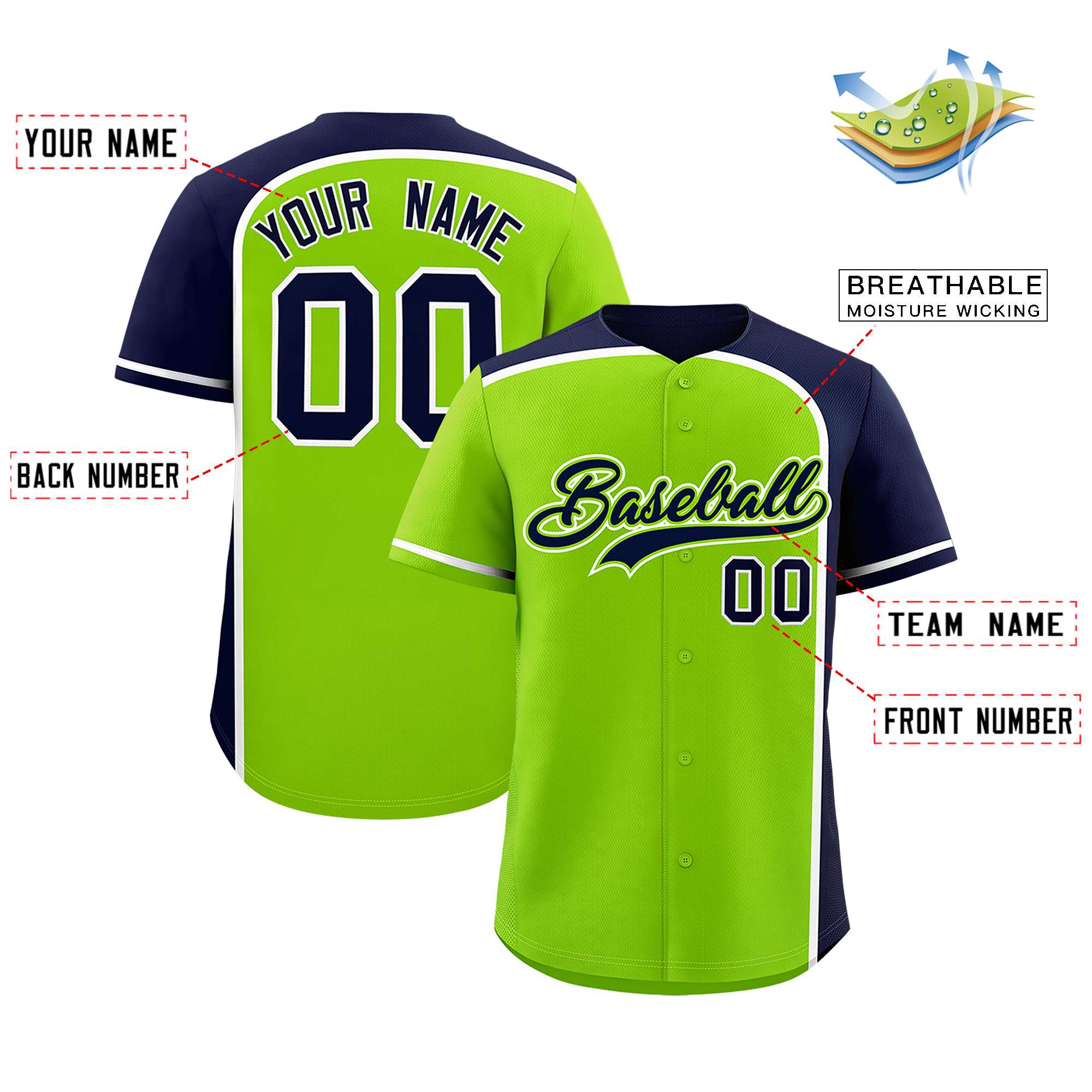 Custom Neon Green Navy Personalized Color Block Authentic Baseball jersey