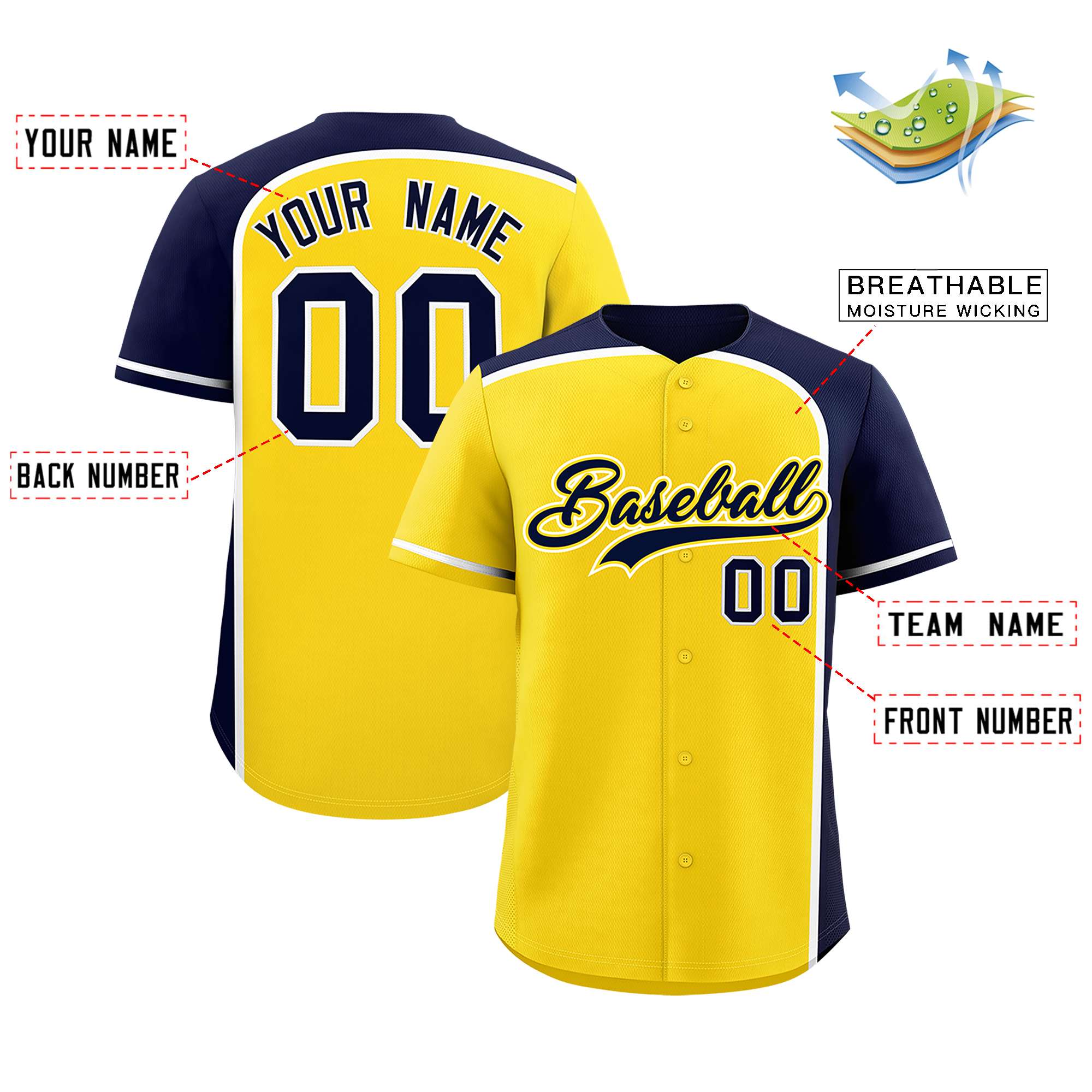 Custom Gold Navy Personalized Color Block Authentic Baseball jersey