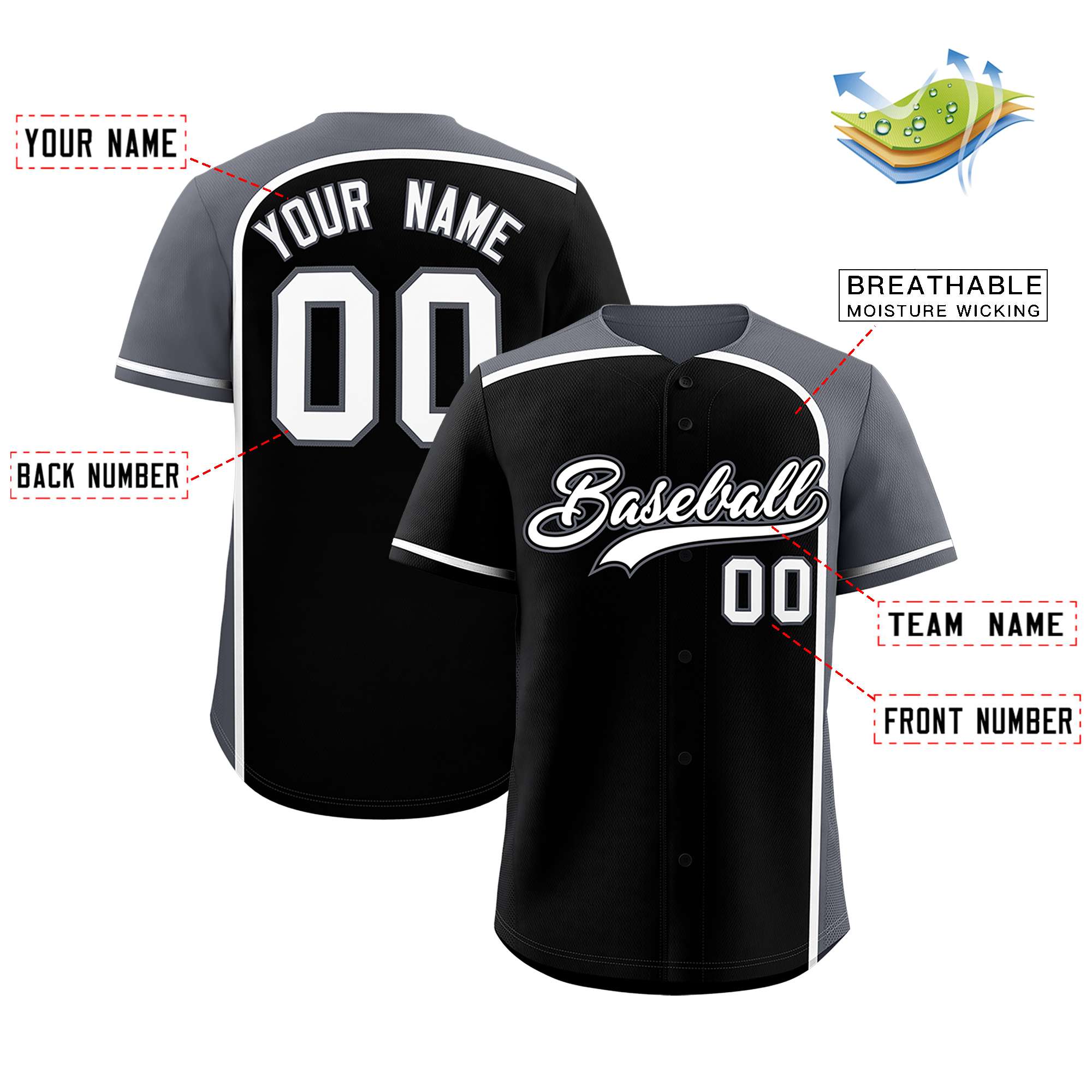 Custom Black Gray Personalized Color Block Authentic Baseball jersey