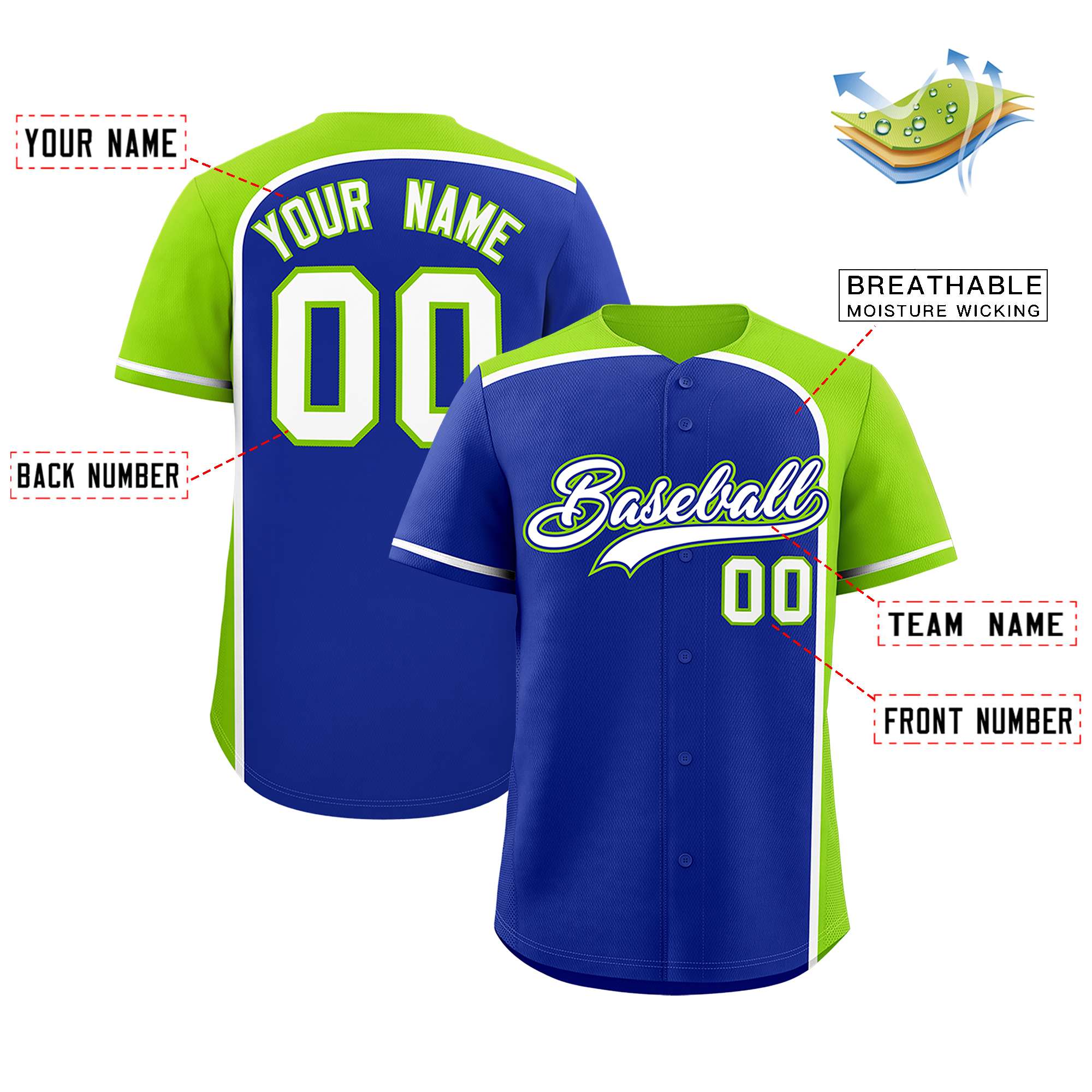 Custom Royal Neon Green Personalized Color Block Authentic Baseball jersey