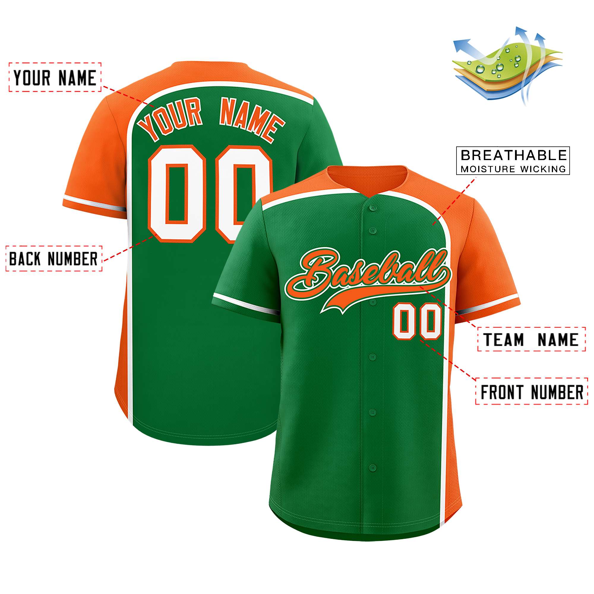 Custom Kelly Green Orange Personalized Color Block Authentic Baseball jersey