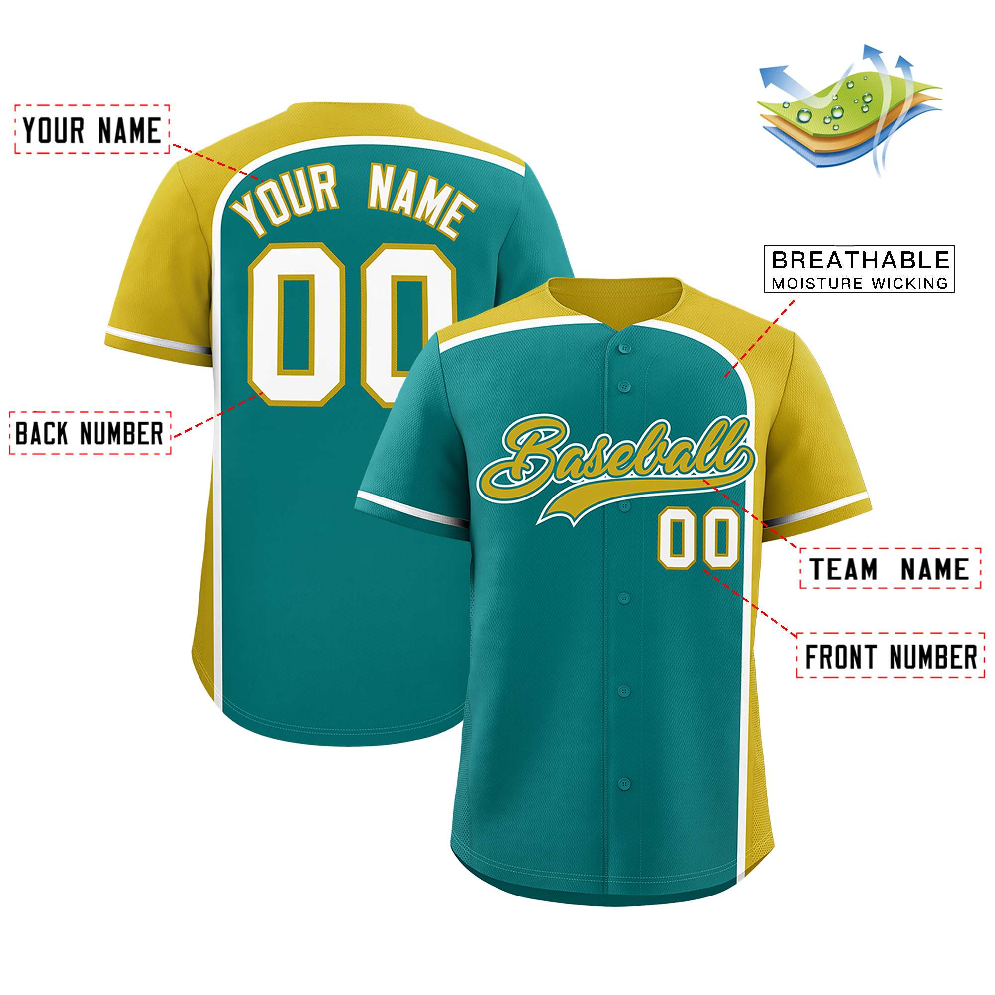 Custom Aqua Old Gold Personalized Color Block Authentic Baseball jersey