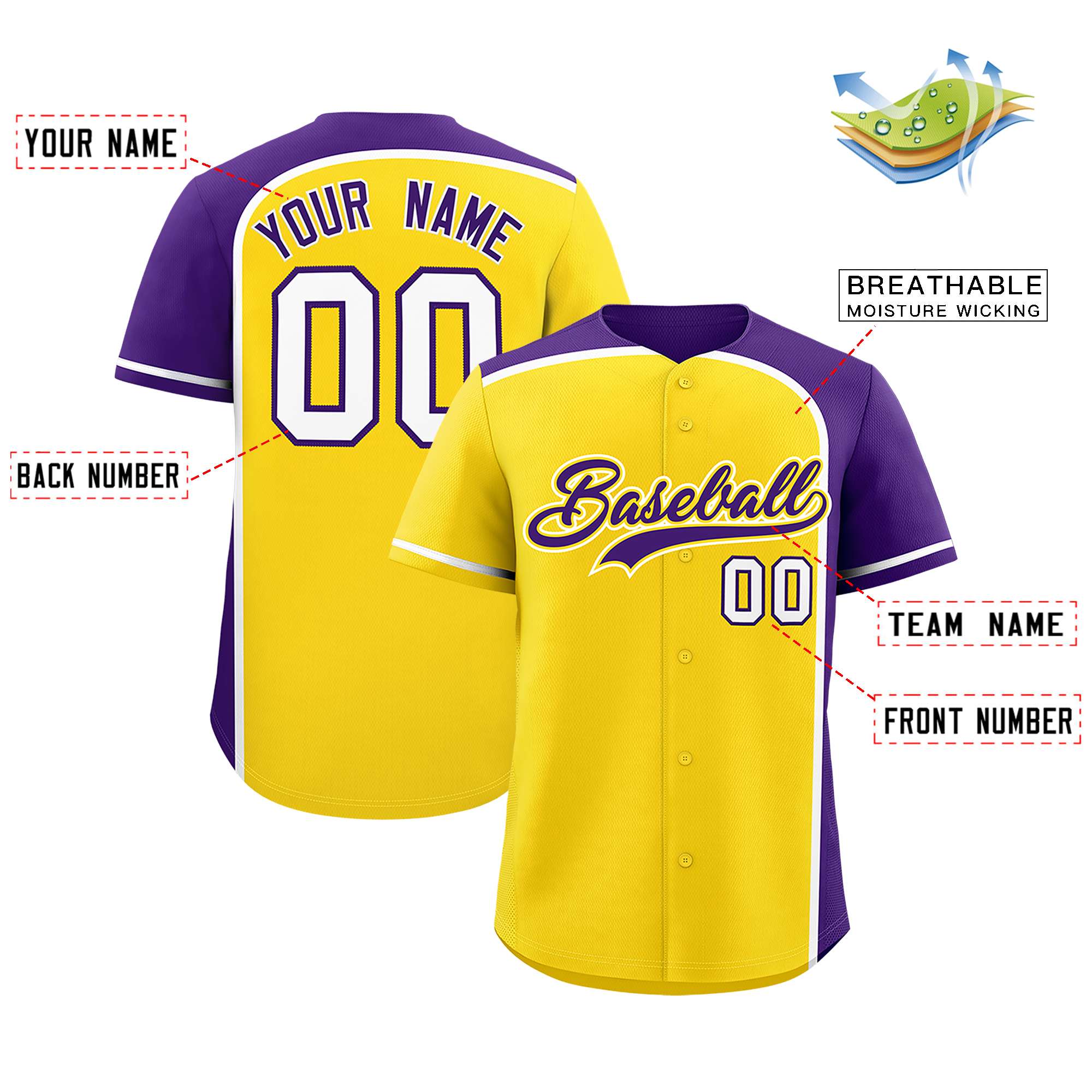 Custom Gold Purple Personalized Color Block Authentic Baseball jersey