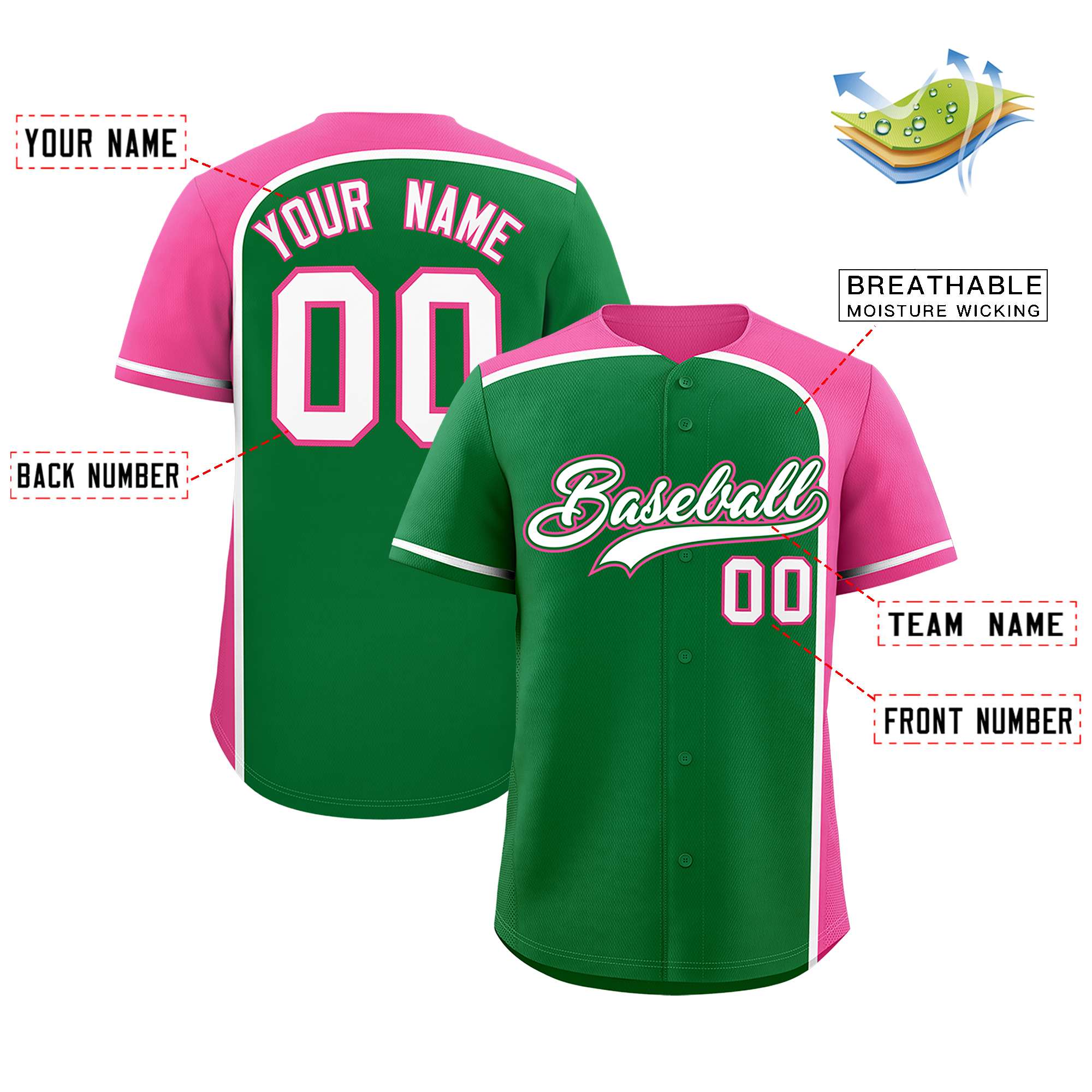 Custom Kelly Green Pink Personalized Color Block Authentic Baseball jersey