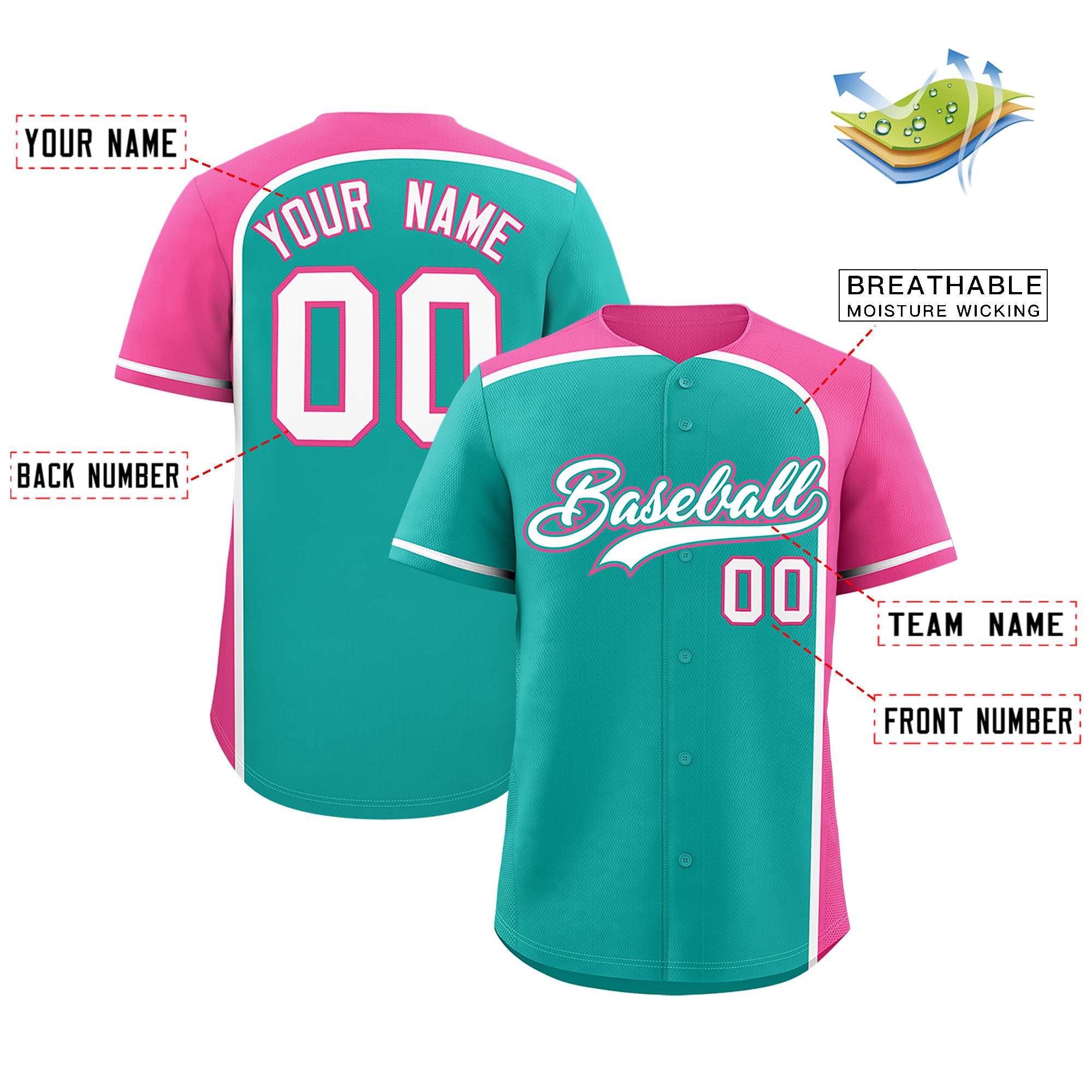 Custom Aqua Pink Personalized Color Block Authentic Baseball jersey