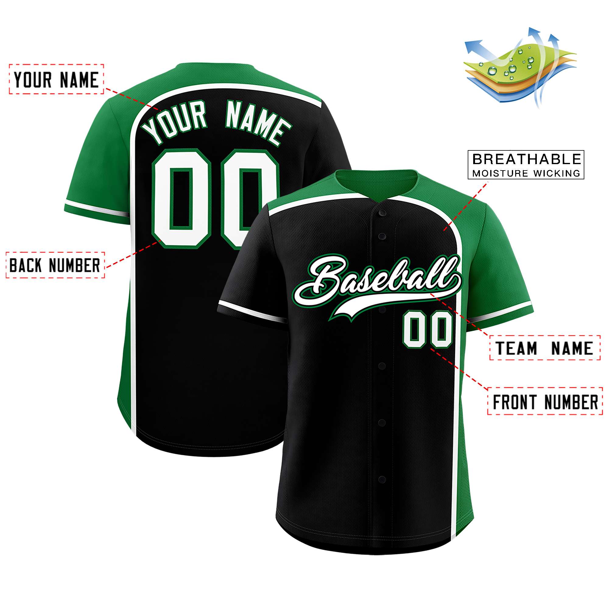 Custom Black Kelly Green Personalized Color Block Authentic Baseball jersey