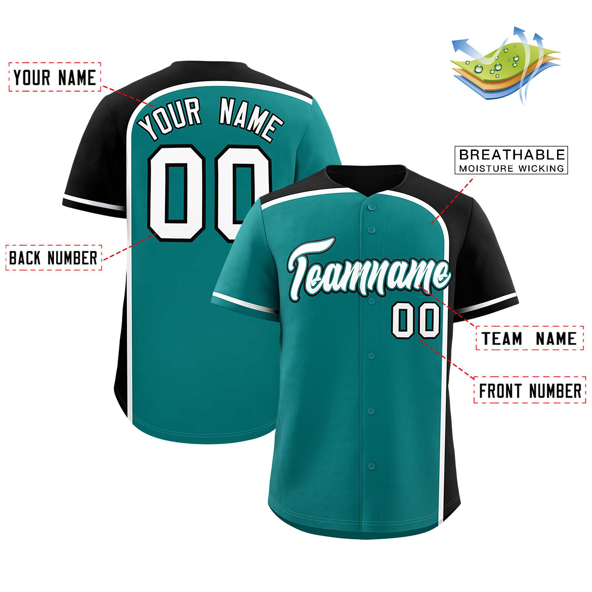 Custom Aqua Black Personalized Color Block Authentic Baseball jersey