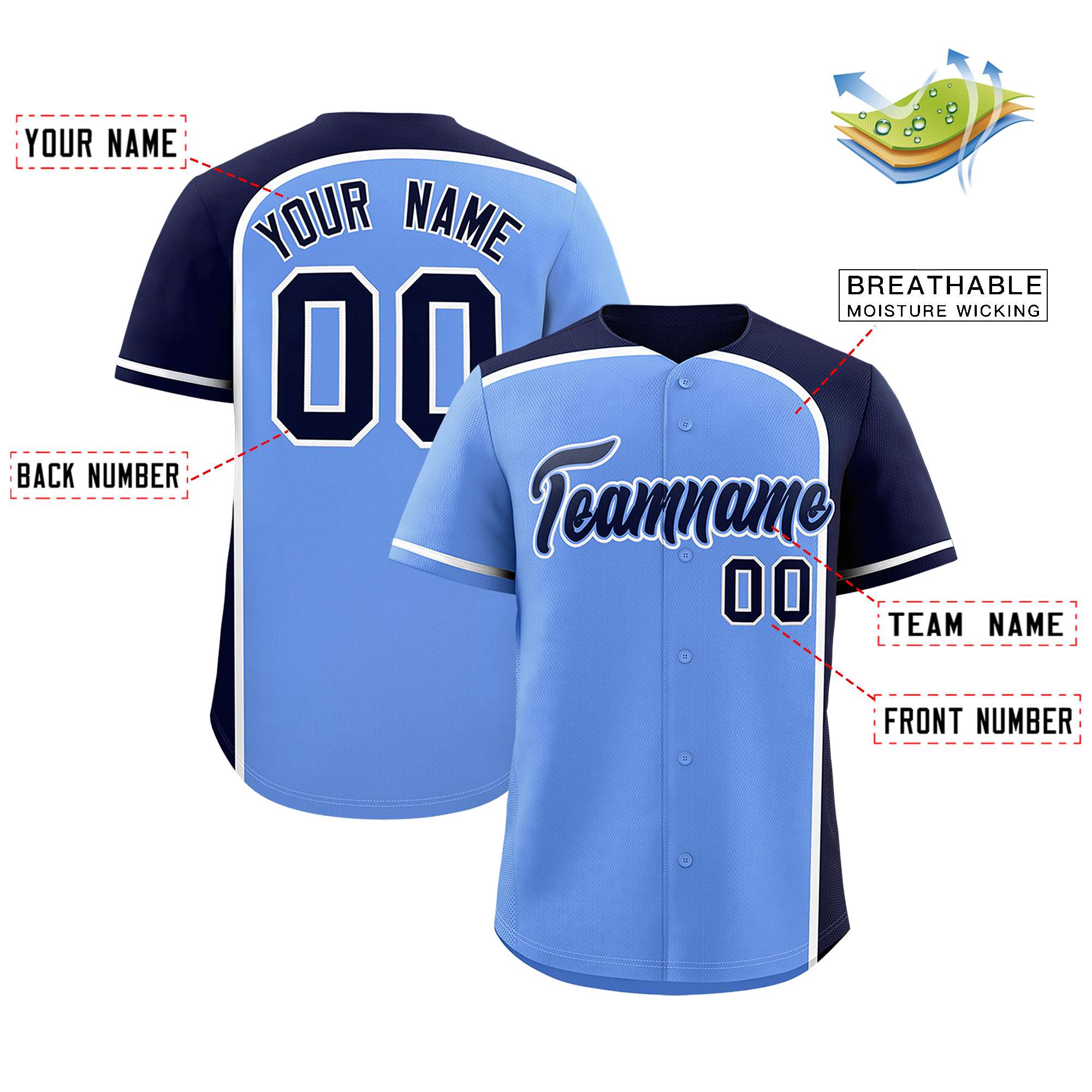 Custom Light Blue Navy Personalized Color Block Authentic Baseball jersey