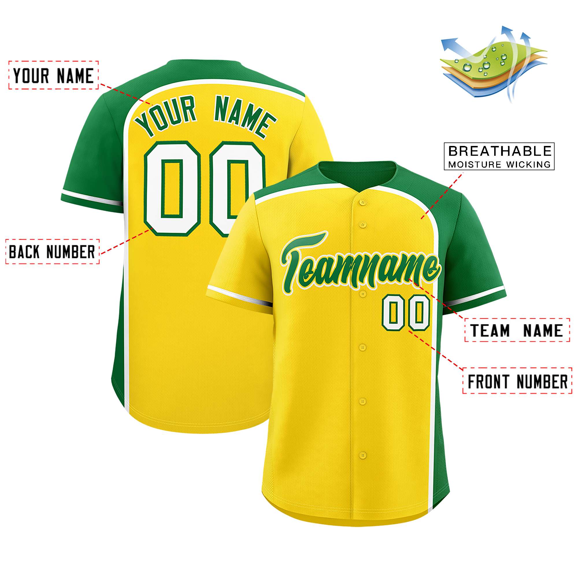 Custom Gold Kelly Green Personalized Color Block Authentic Baseball jersey