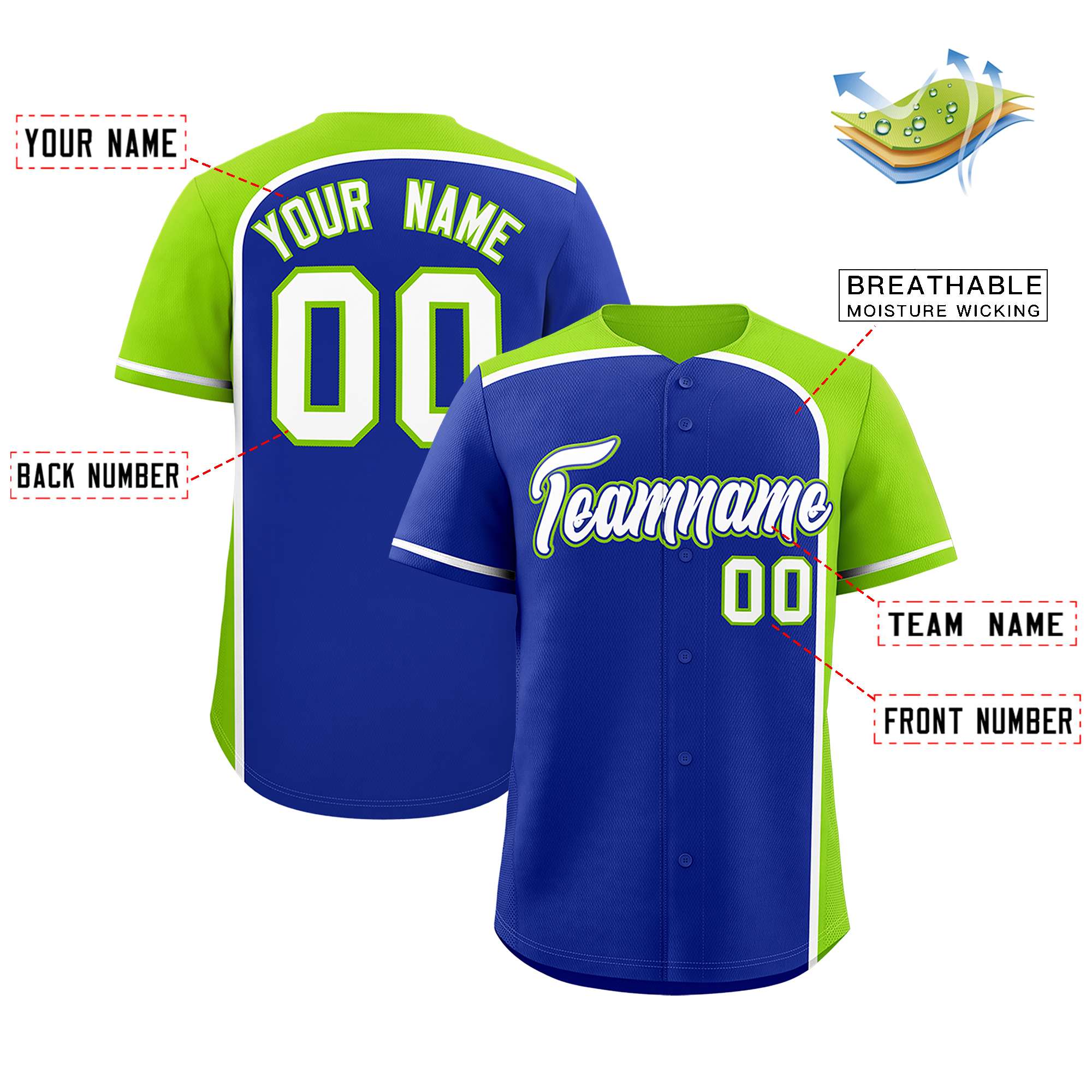 Custom Royal Neon Green Personalized Color Block Authentic Baseball jersey