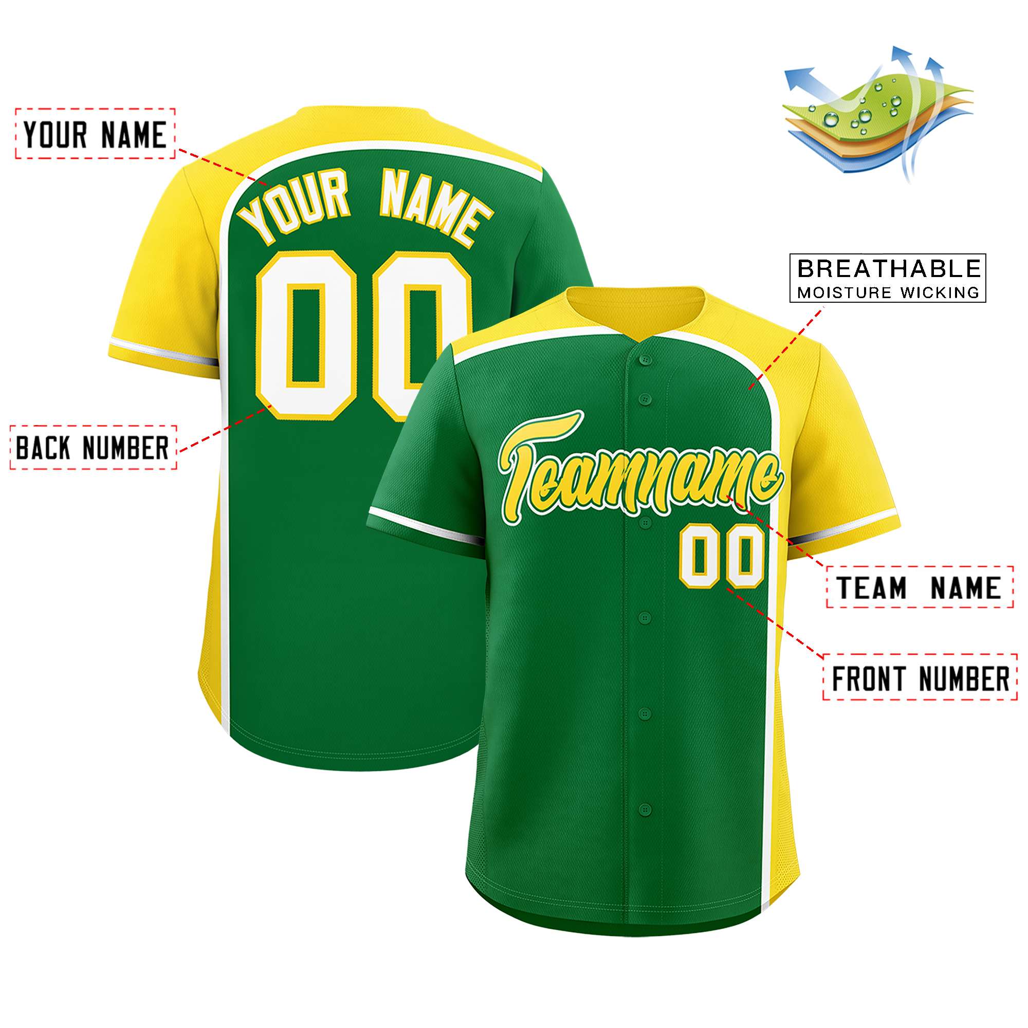 Custom Kelly Green Gold Personalized Color Block Authentic Baseball jersey