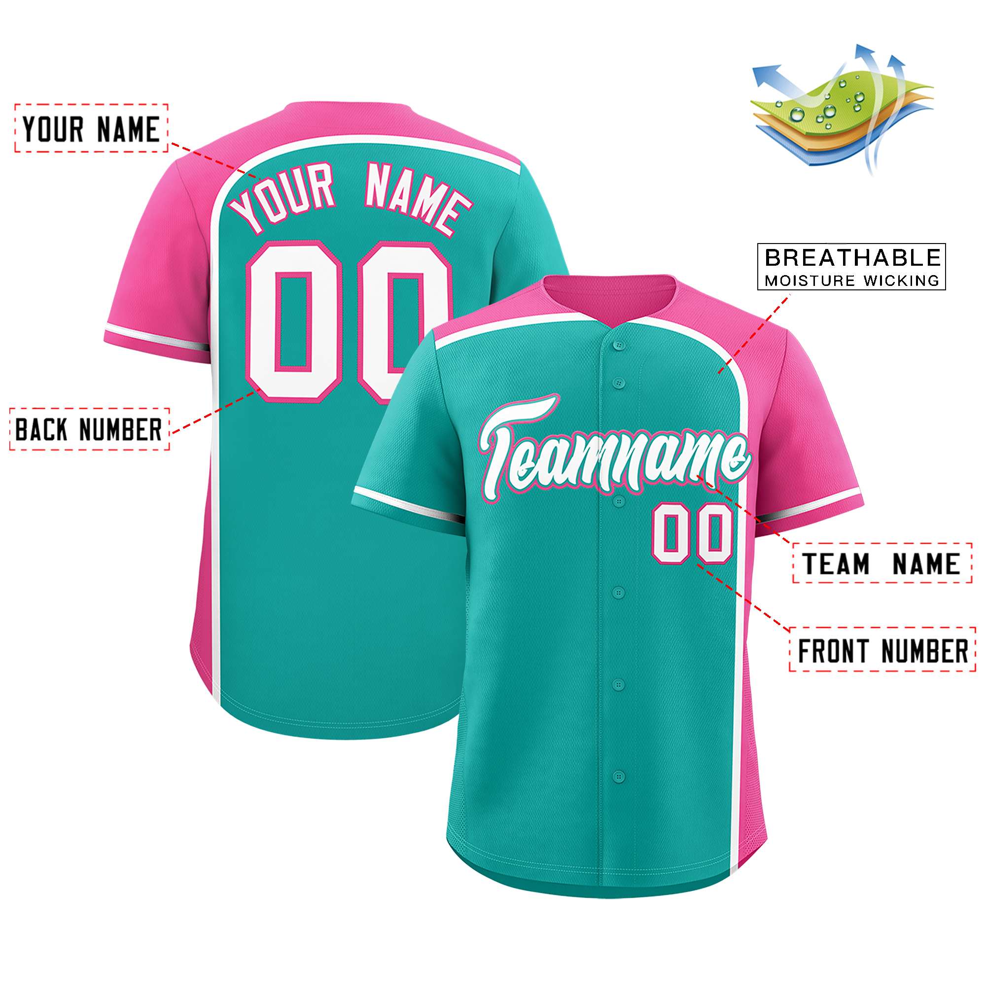 Custom Aqua Pink Personalized Color Block Authentic Baseball jersey