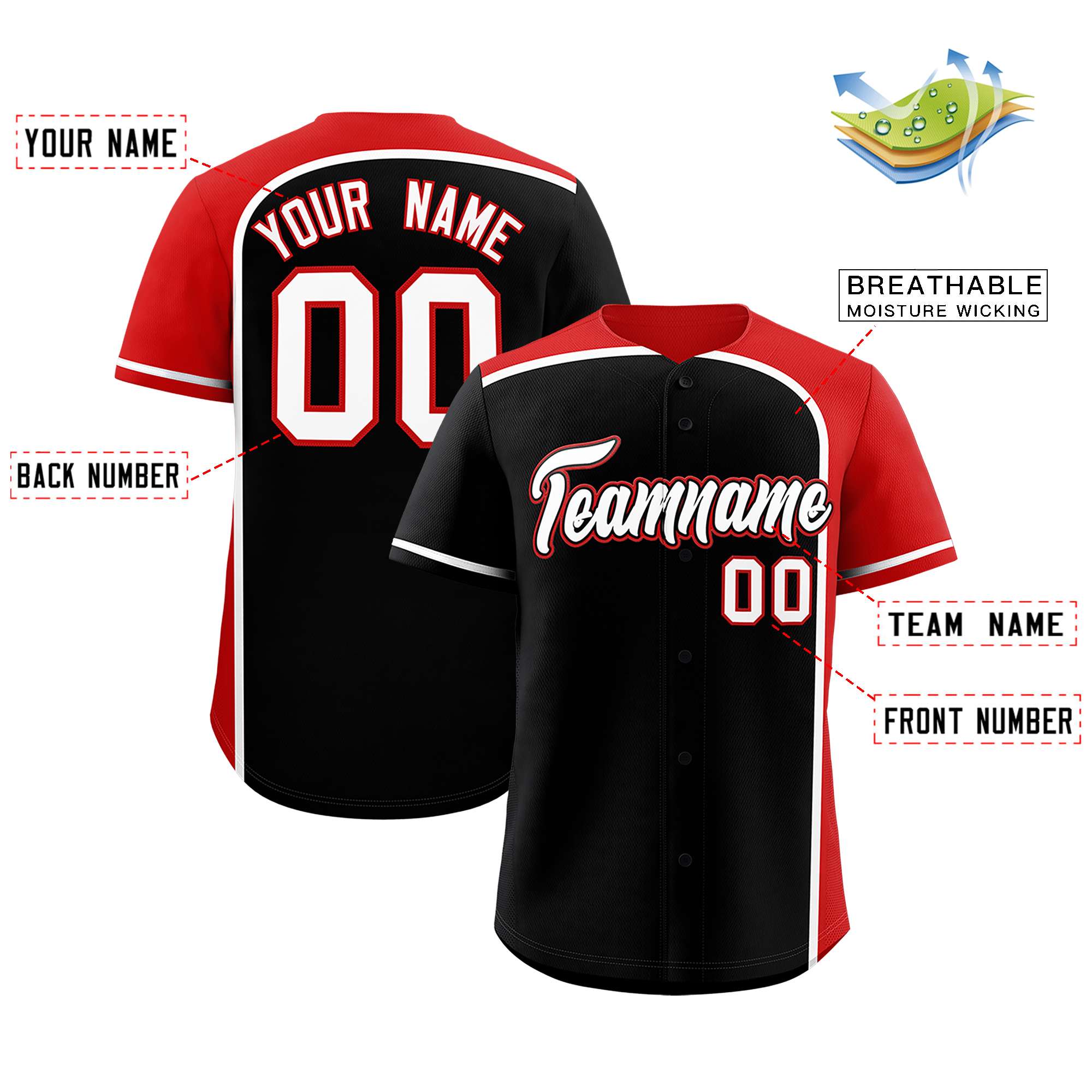 Custom Black Red Personalized Color Block Authentic Baseball jersey