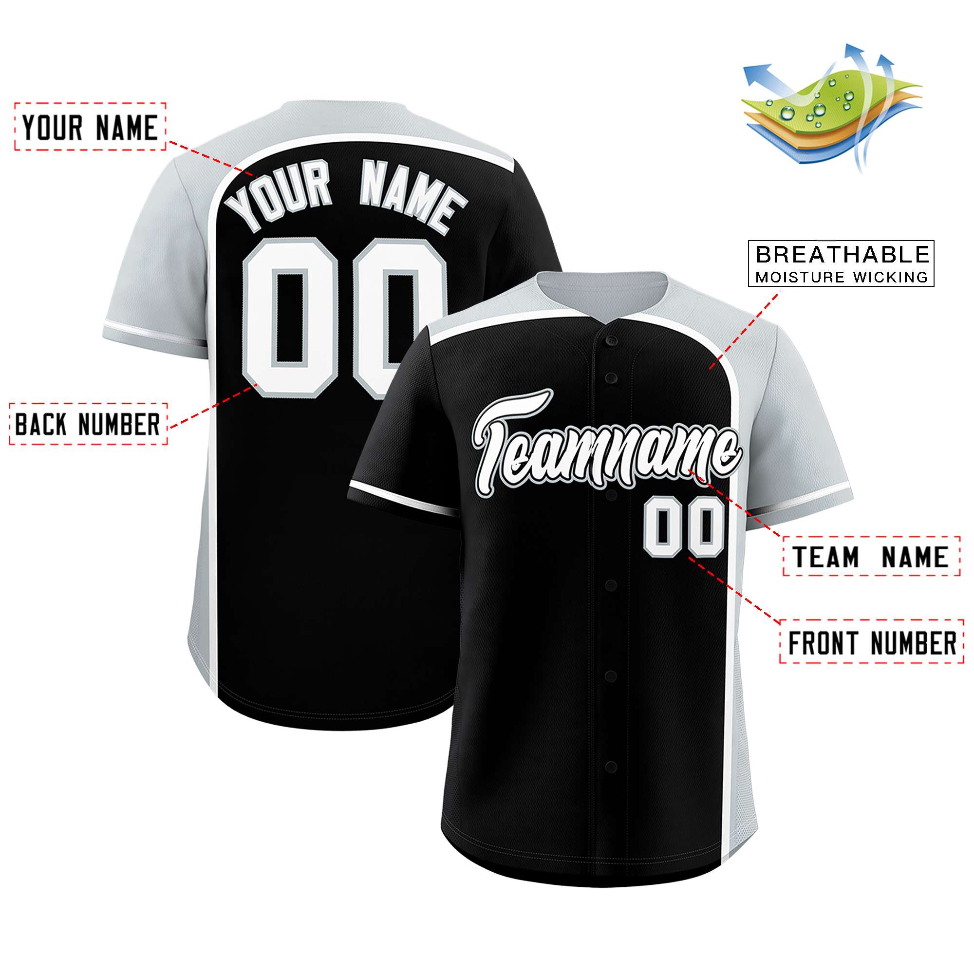 Custom Black Silver Personalized Color Block Authentic Baseball jersey