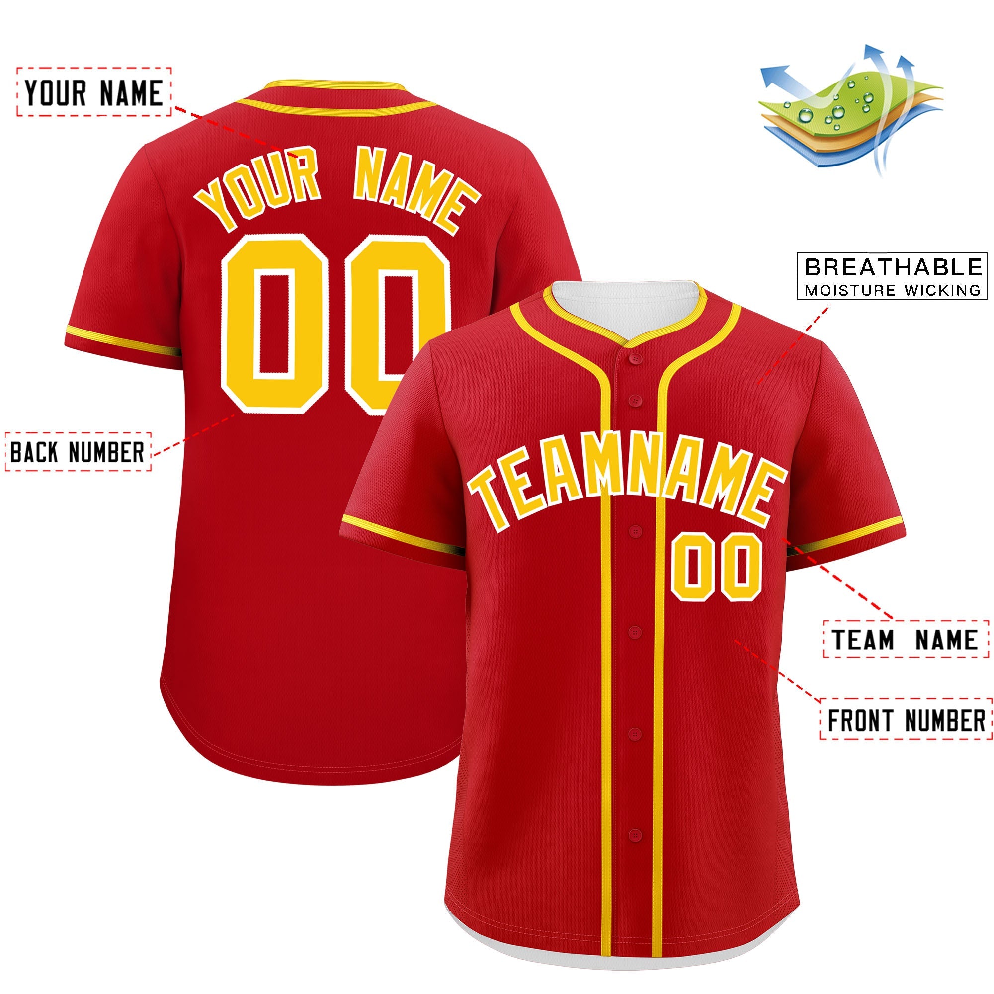 Custom Red Gold Personalized Classic Authentic Baseball Jersey