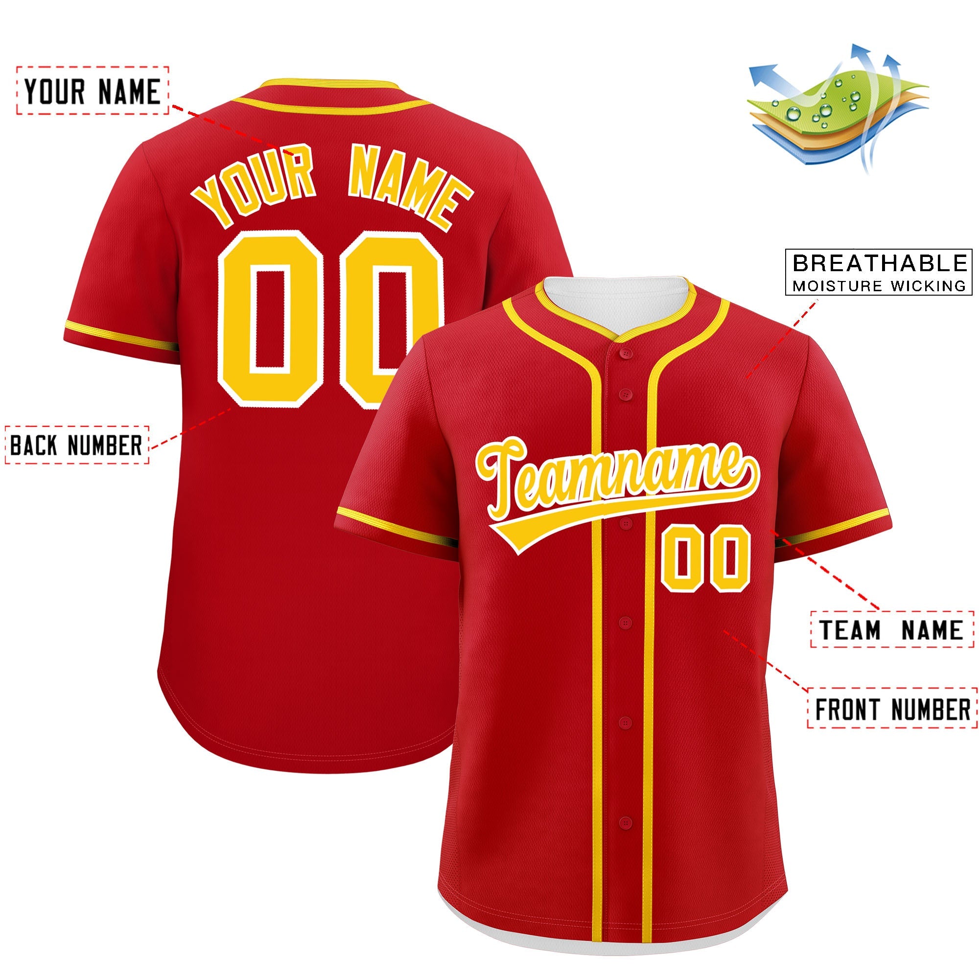 Custom Red Gold Personalized Classic Authentic Baseball Jersey