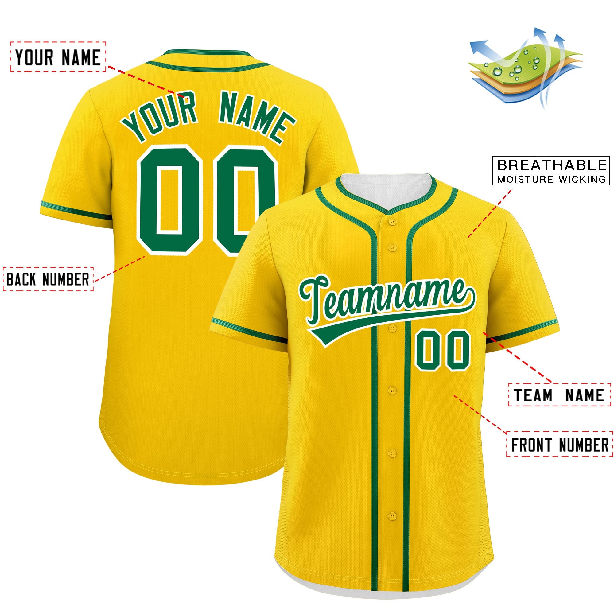 Custom Gold Kelly Green Personalized Classic Authentic Baseball Jersey