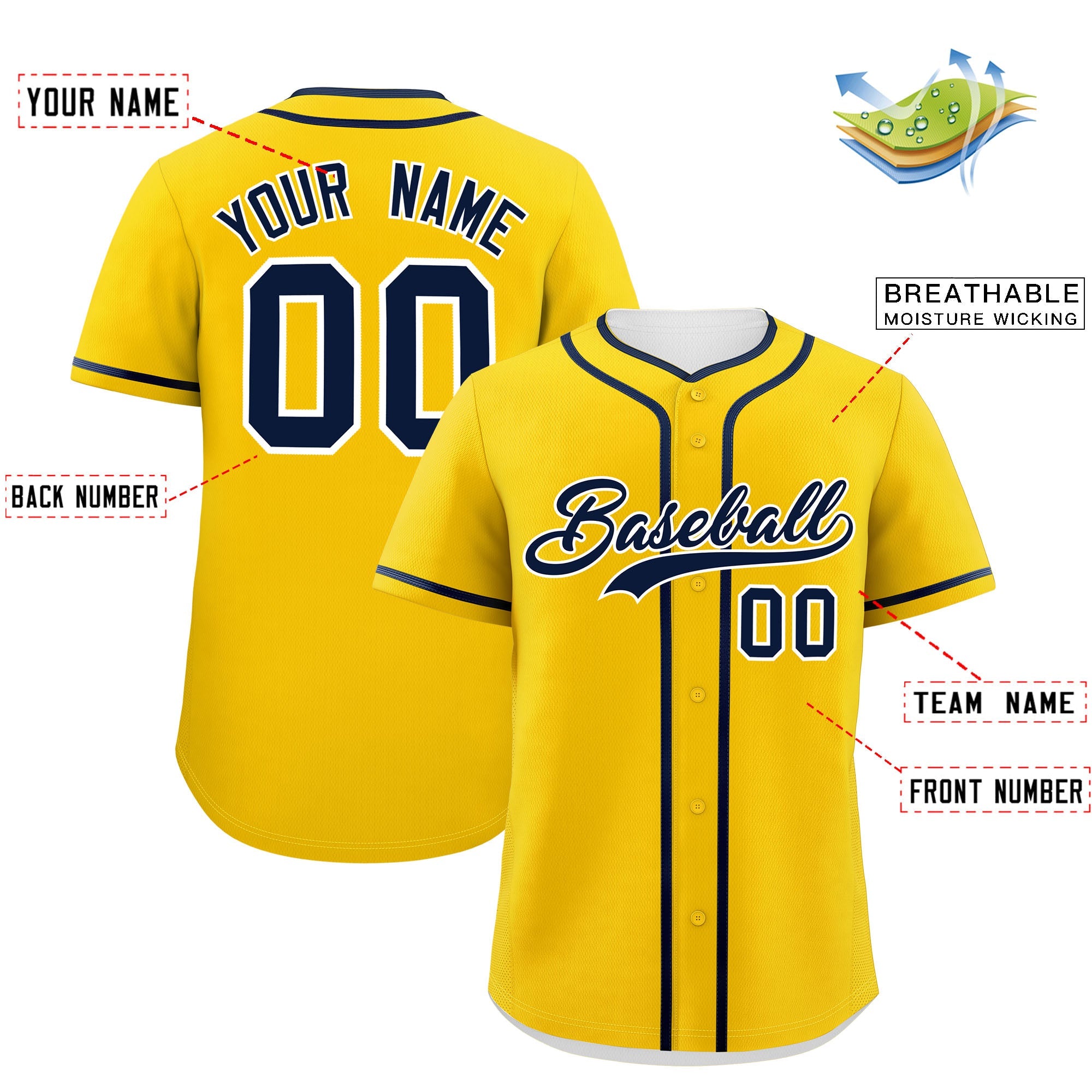 Custom Gold Navy Personalized Classic Authentic Baseball Jersey