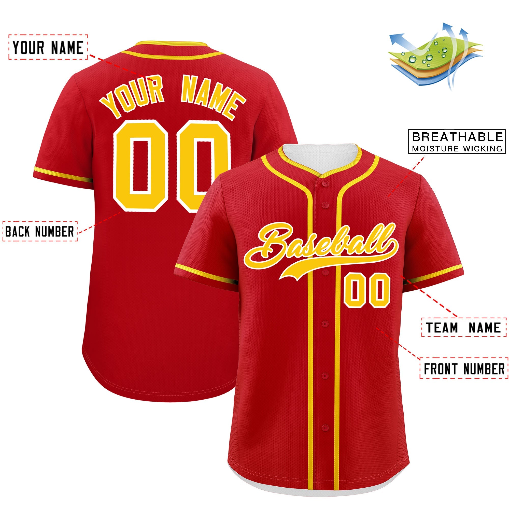 Custom Red Gold Personalized Classic Authentic Baseball Jersey