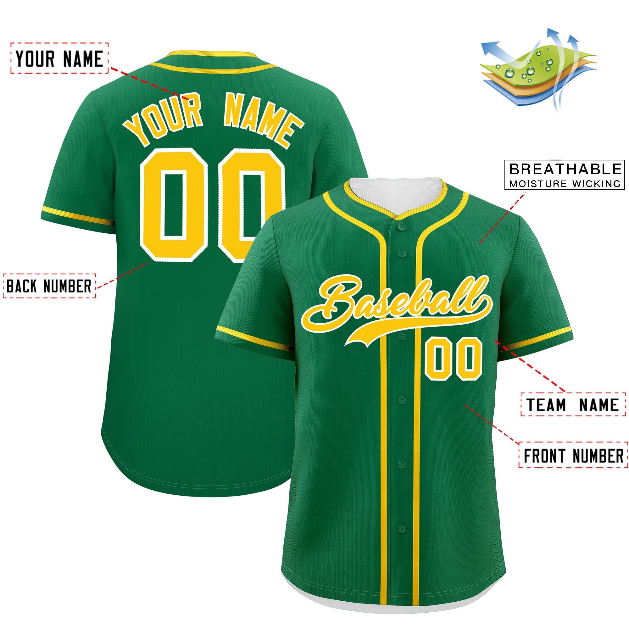 Custom Kelly Green Gold Personalized Classic Authentic Baseball Jersey