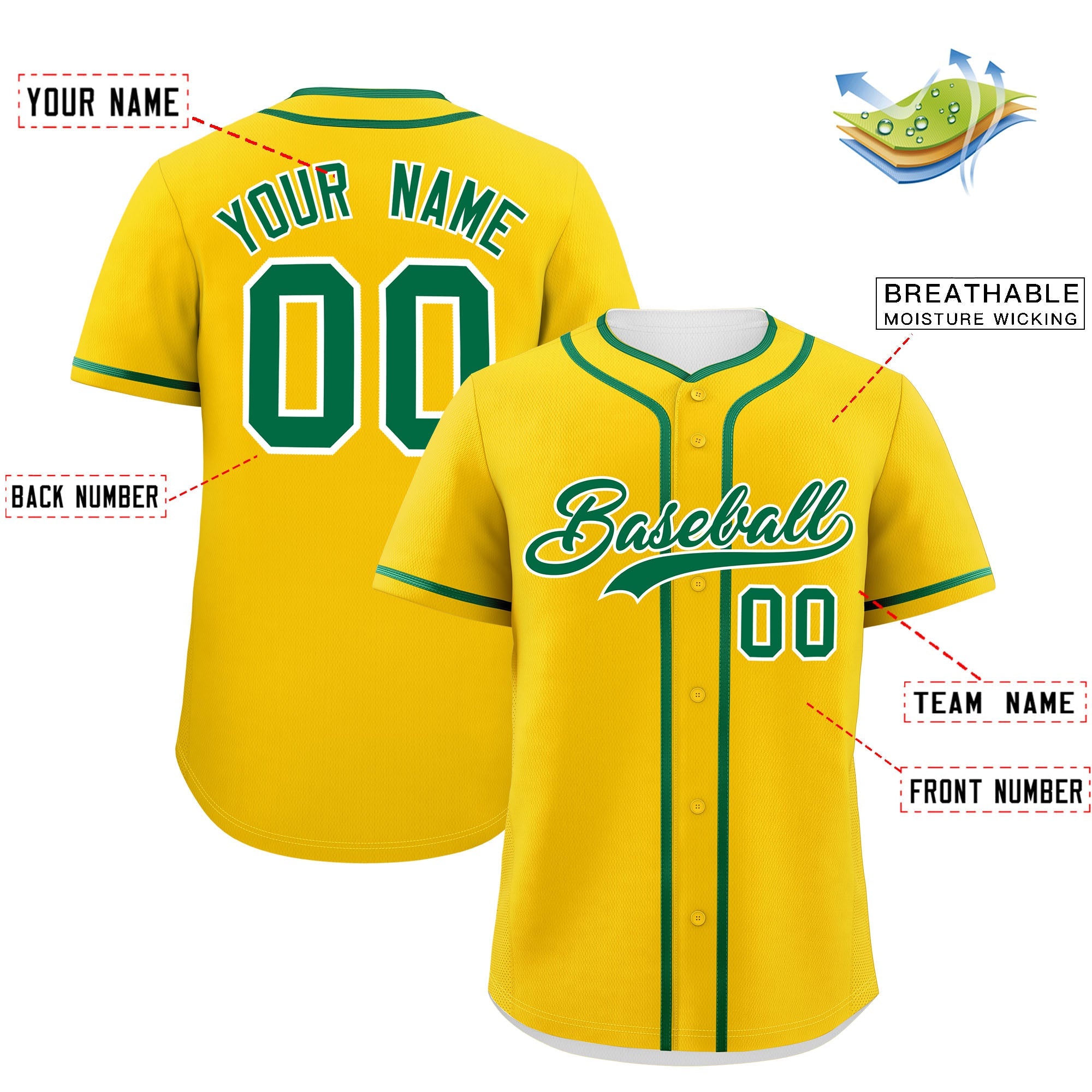 Custom Gold Kelly Green Personalized Classic Authentic Baseball Jersey