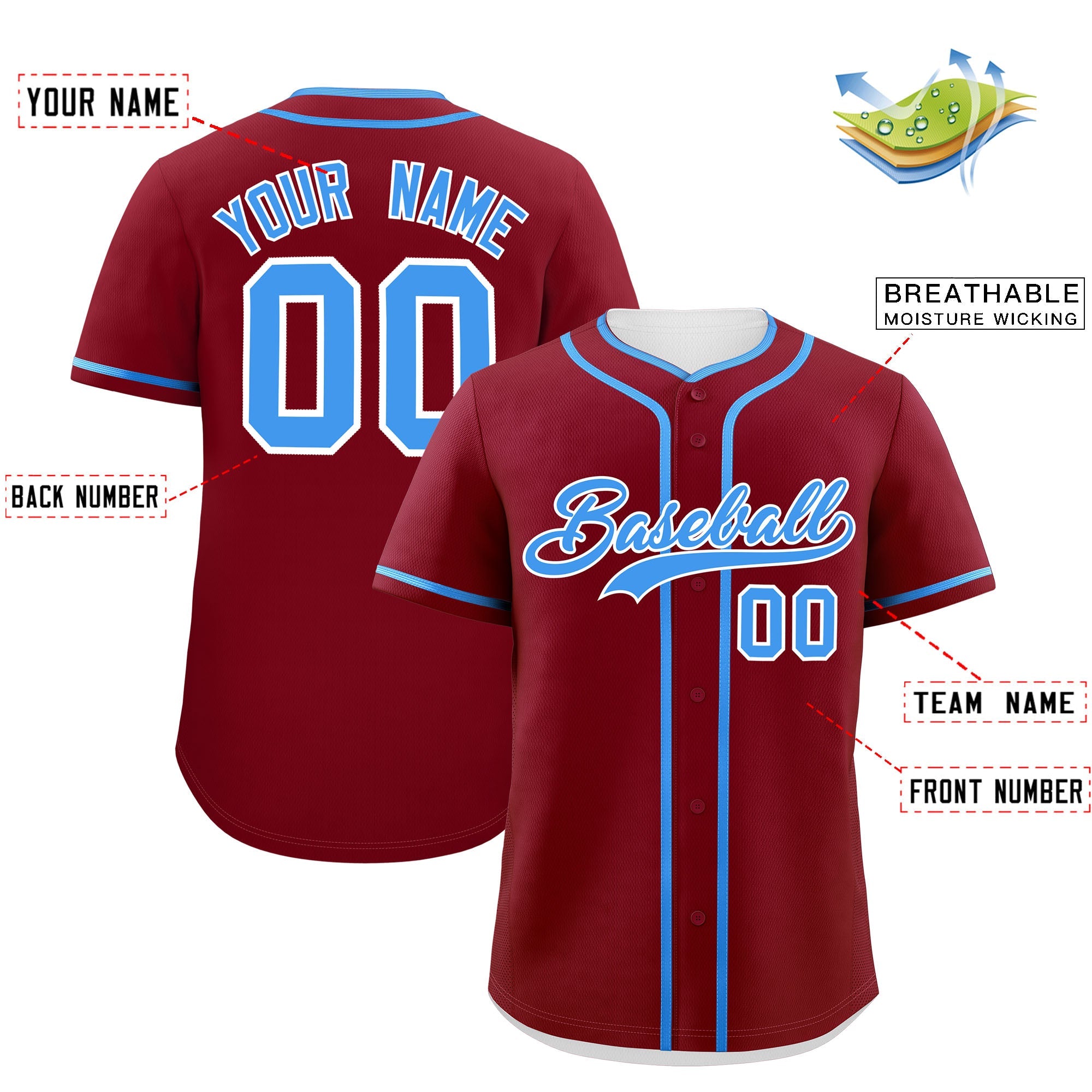 Custom Crimson Powder Blue Personalized Classic Authentic Baseball Jersey