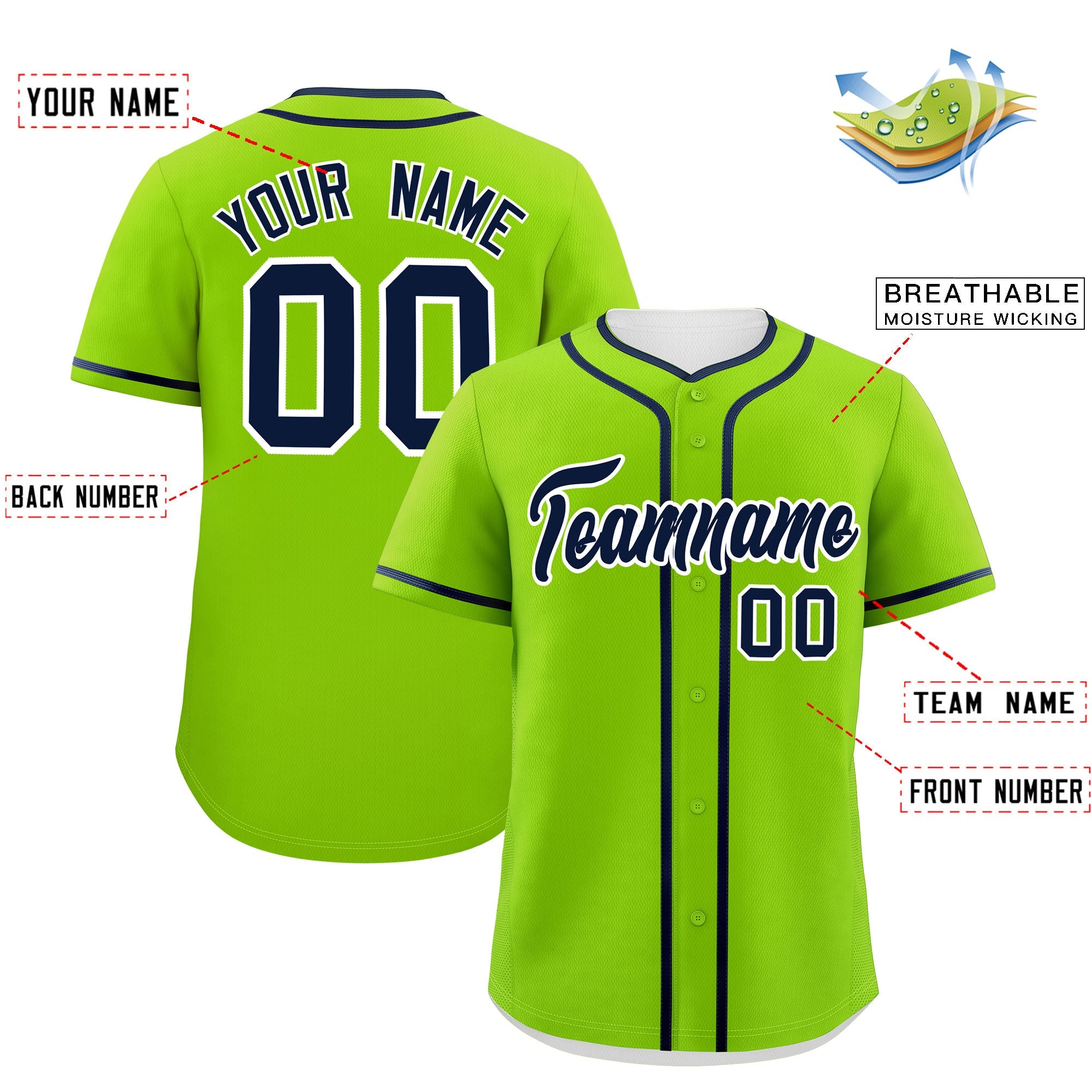 Custom Neon Green Navy Personalized Classic Authentic Baseball Jersey